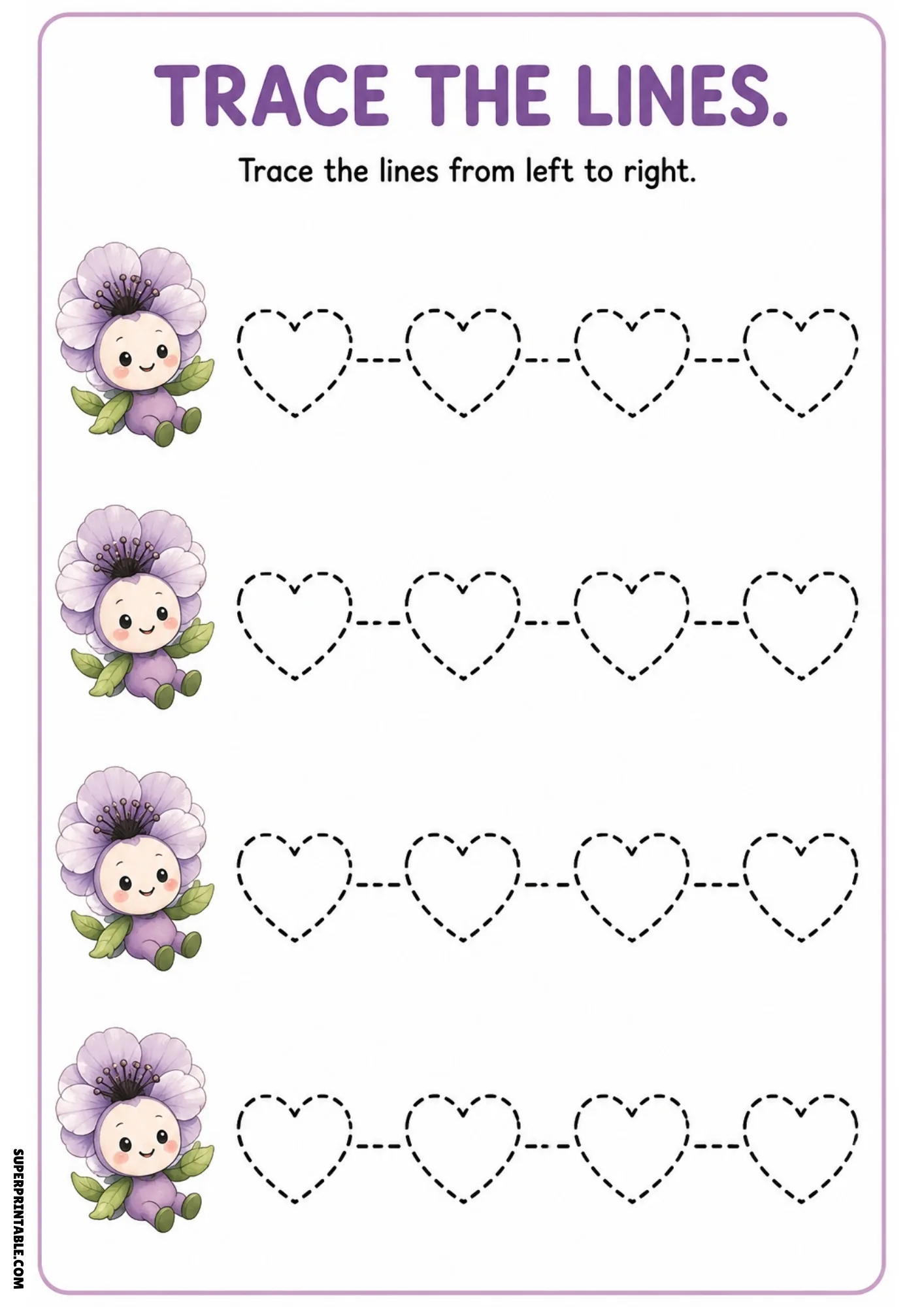 Color tracing sheet with four purple anemone fairies sitting on leaves next to connected dashed heart shape tracing paths.