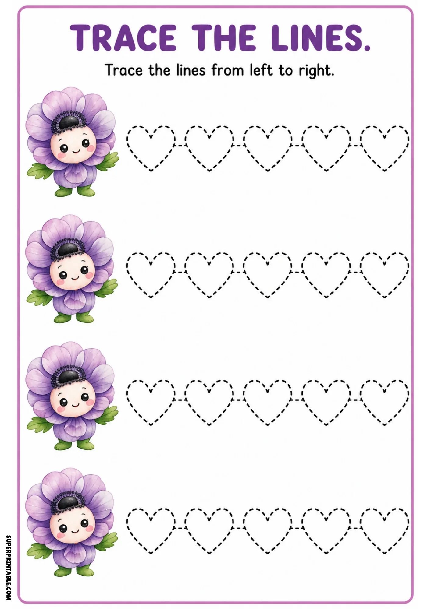 Color tracing printable with four purple anemone flower fairies next to dashed heart-shaped outline tracing lines.
