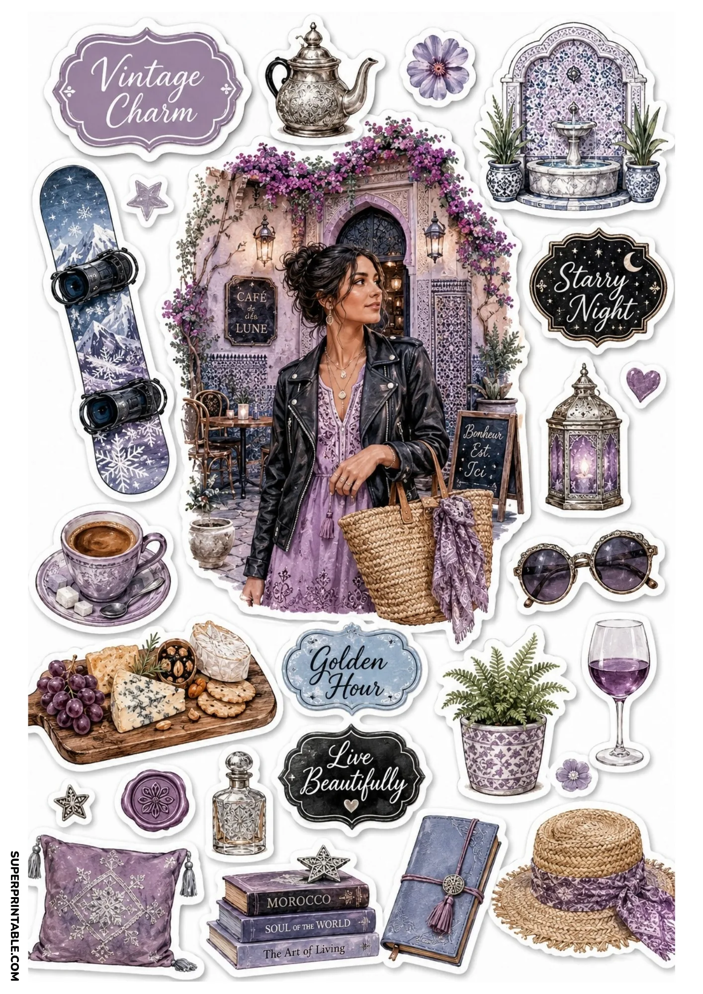 Purple theme printable sticker sheet with a woman outside a Moroccan cafe, mosaic water fountain, stacked travel books, and gourmet cheese board.