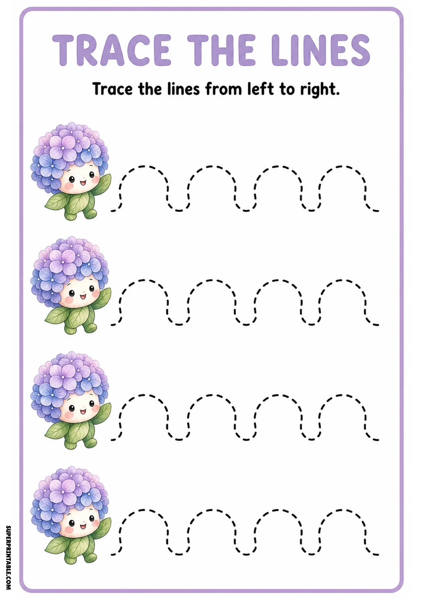 Full-color tracing worksheet showing four purple hydrangea fairies waving next to dashed inverted arch tracing lines.