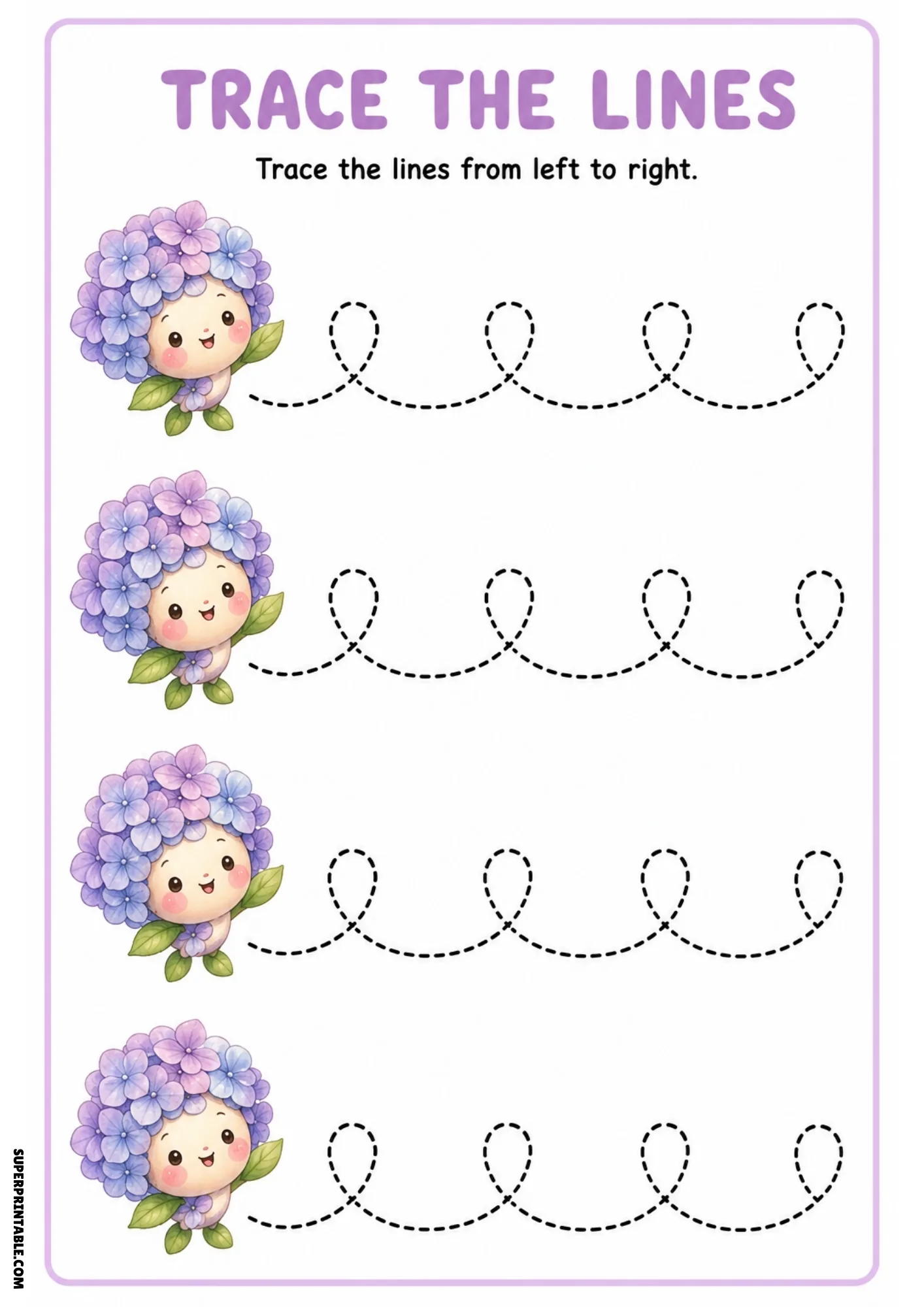 Full-color tracing worksheet showing four purple hydrangea fairies with fluffy blossom heads and dashed looping tracing lines.