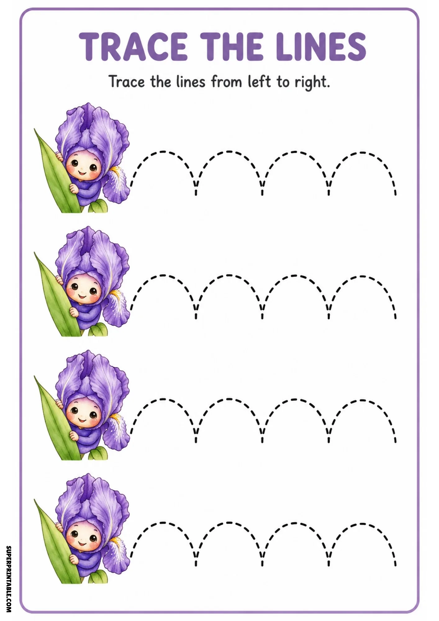 Full-color tracing worksheet showing four purple iris fairies peeking behind leaves with dashed scalloped arch tracing lines.