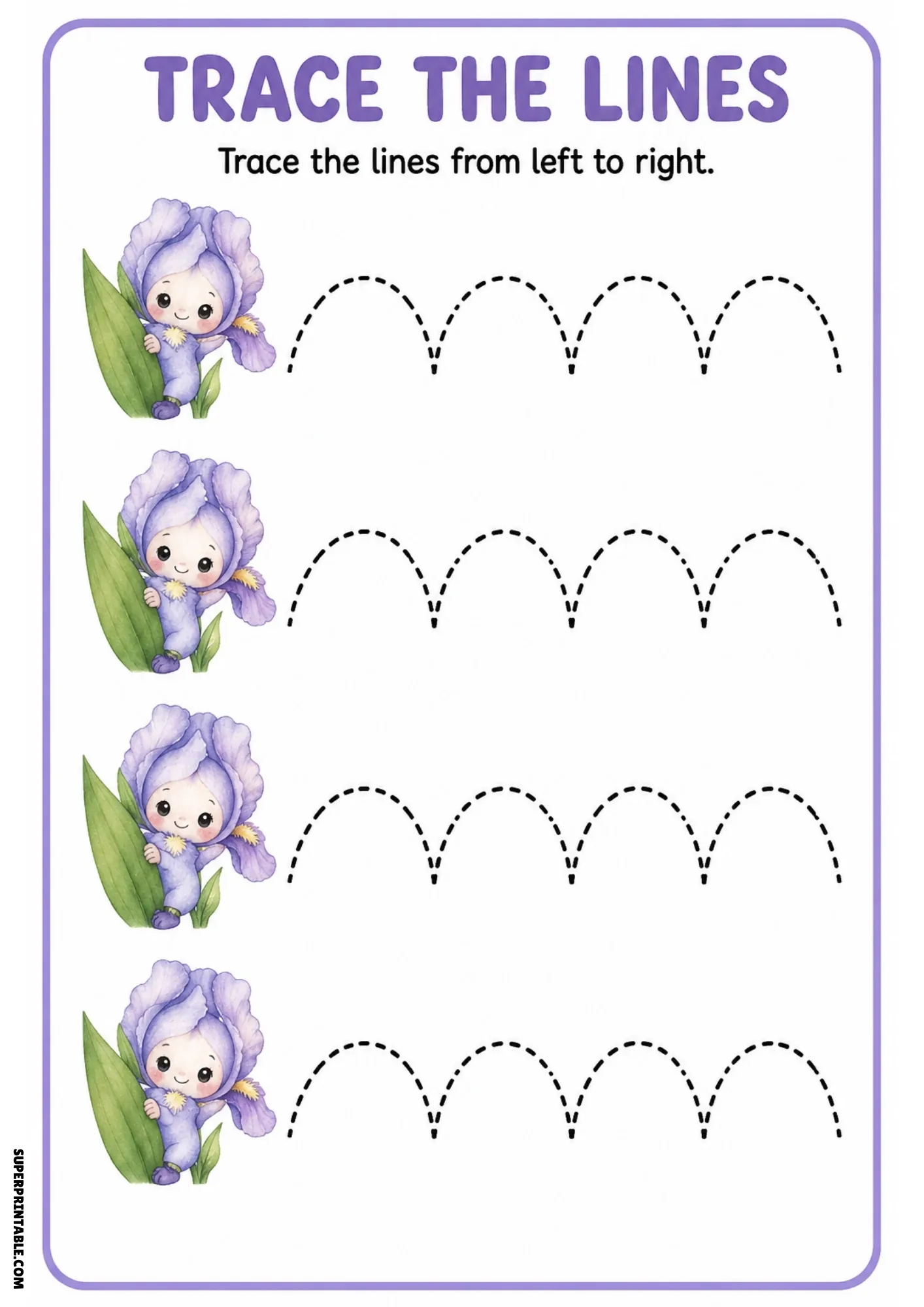 Full-color tracing worksheet featuring four purple iris fairies peeking behind leaves next to dashed arched hill tracing lines.