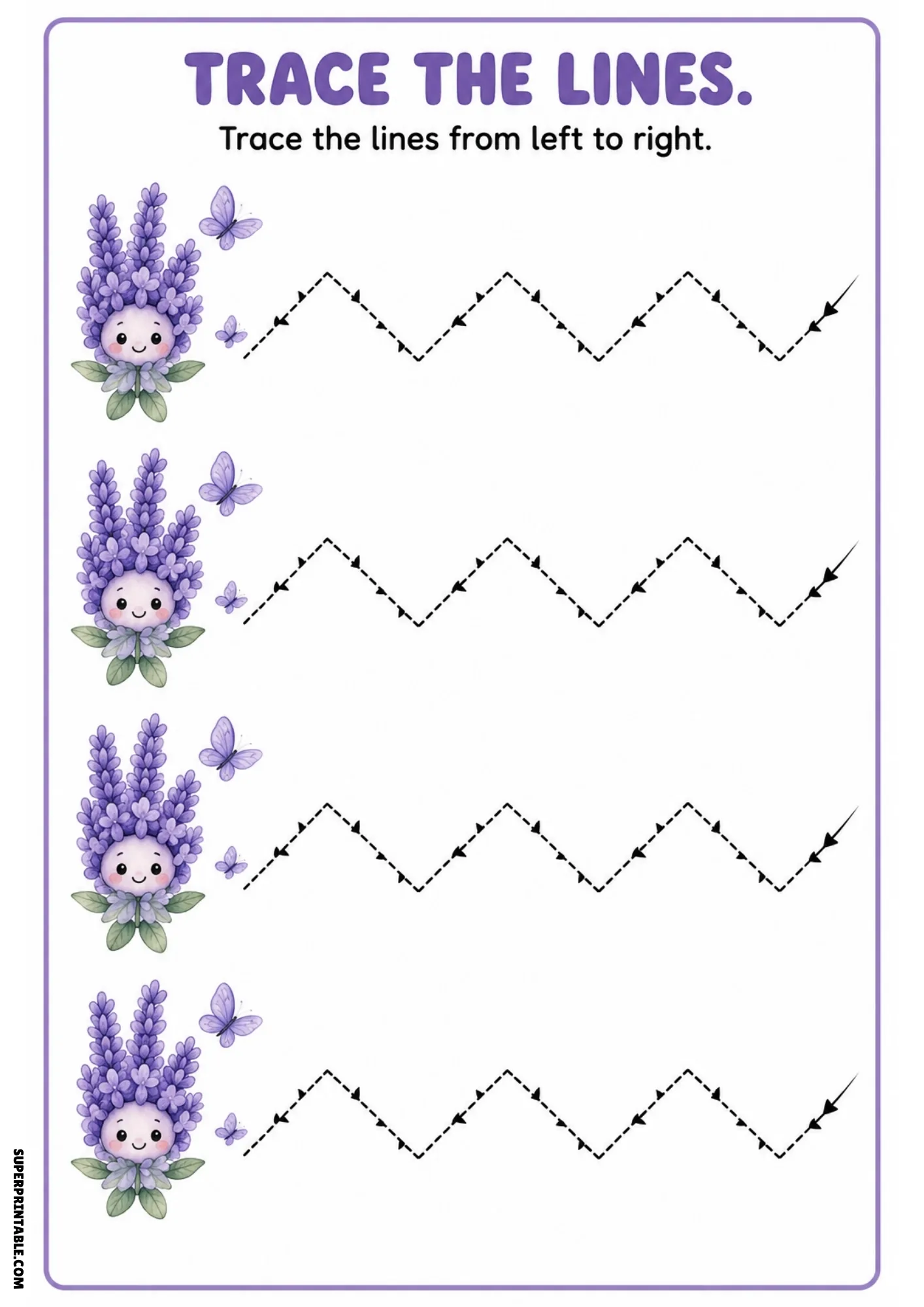 Color tracing worksheet showing four purple lavender fairies, flying butterflies, and dashed arrow-accented zigzag paths.