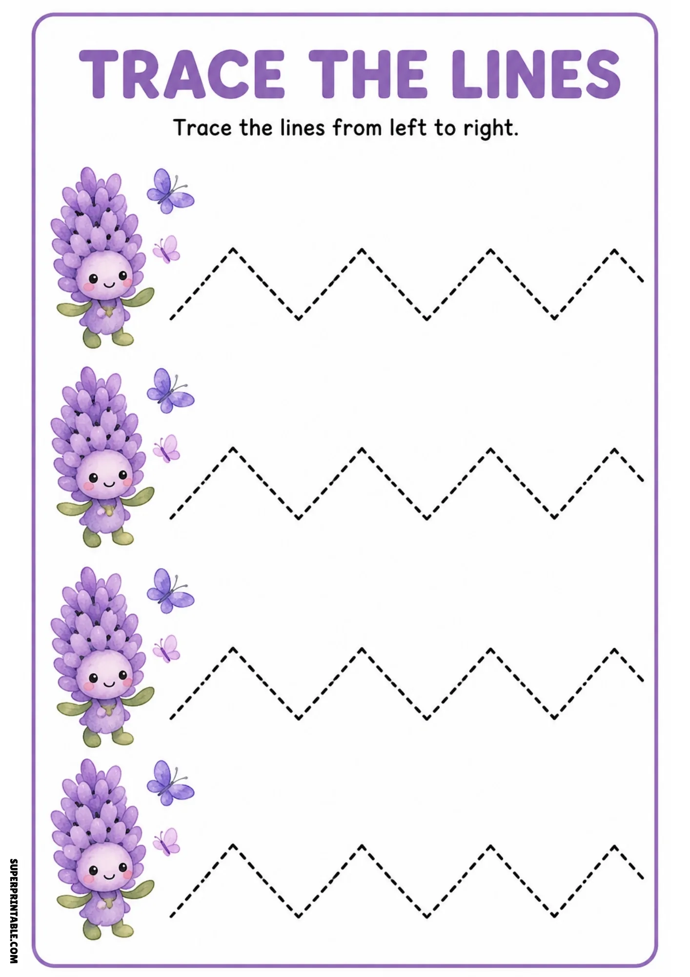 Color tracing page with four purple lavender fairies, flying butterflies, and dashed sharp zigzag tracing paths.