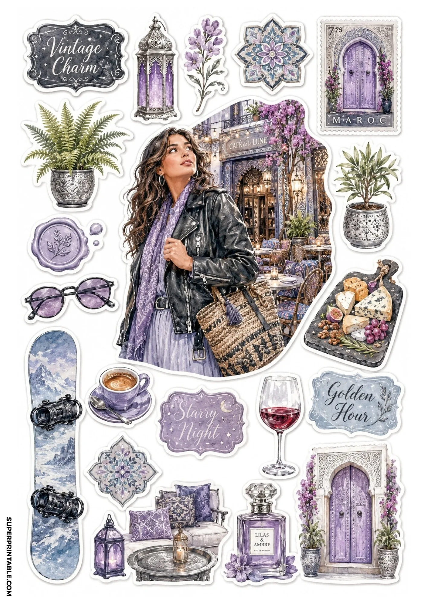Printable sticker sheet with purple Moroccan riad theme, featuring a stylish woman outside a cafe, purple lanterns, door stamp, and cozy accessories.