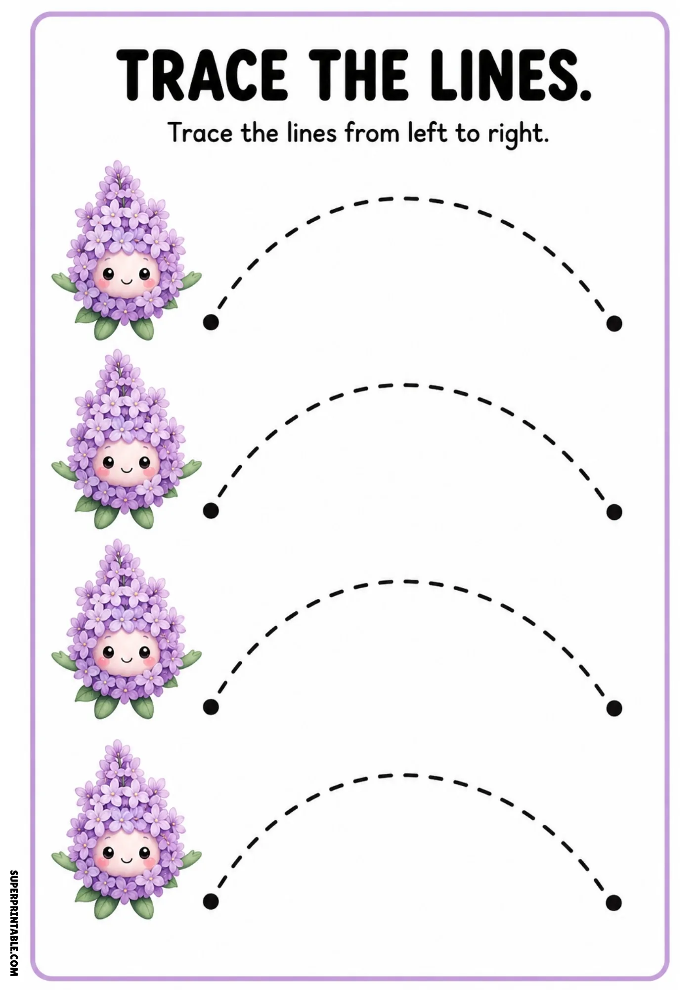 Full-color tracing worksheet featuring four purple lilac fairies with dashed wide arch lines starting and ending with solid dots.