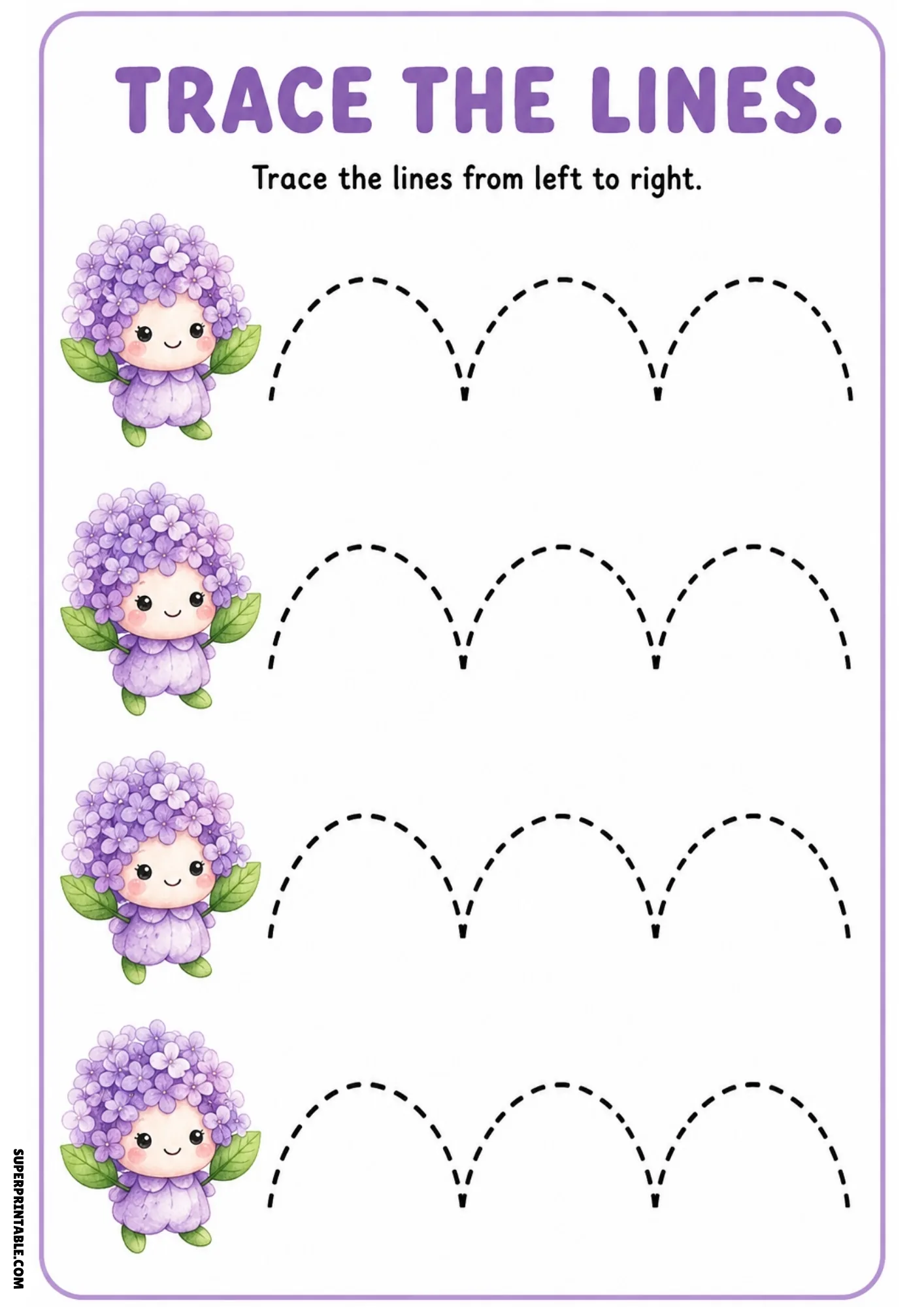 Full-color tracing worksheet featuring four purple lilac fairies with tall dashed arched hill tracing lines.