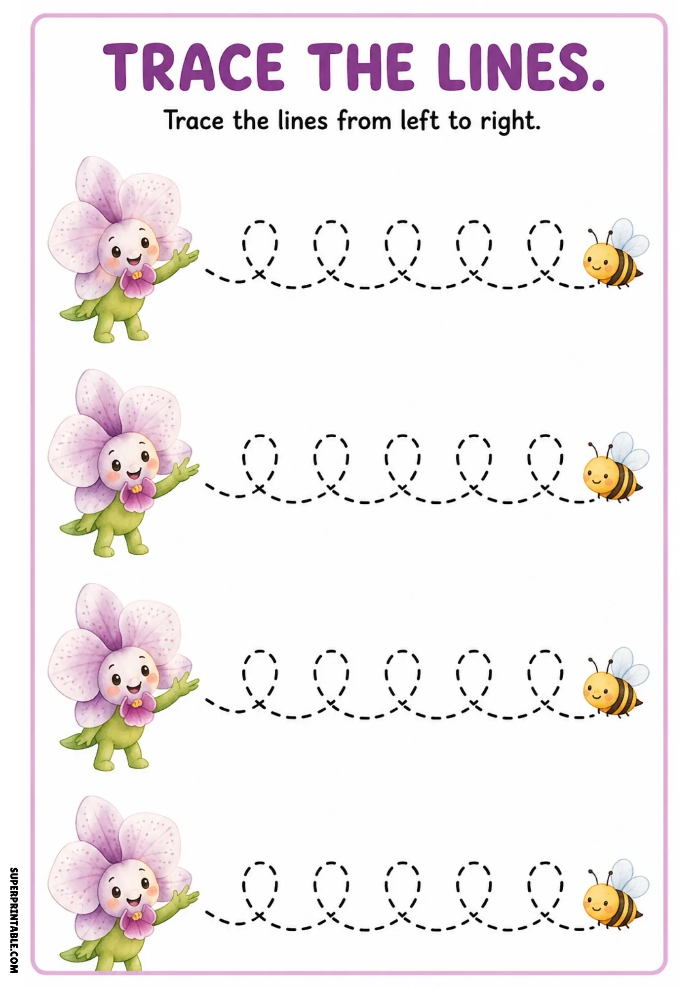Full-color tracing worksheet featuring four purple orchid fairies tracing dashed loops to cute bumblebees on the right.
