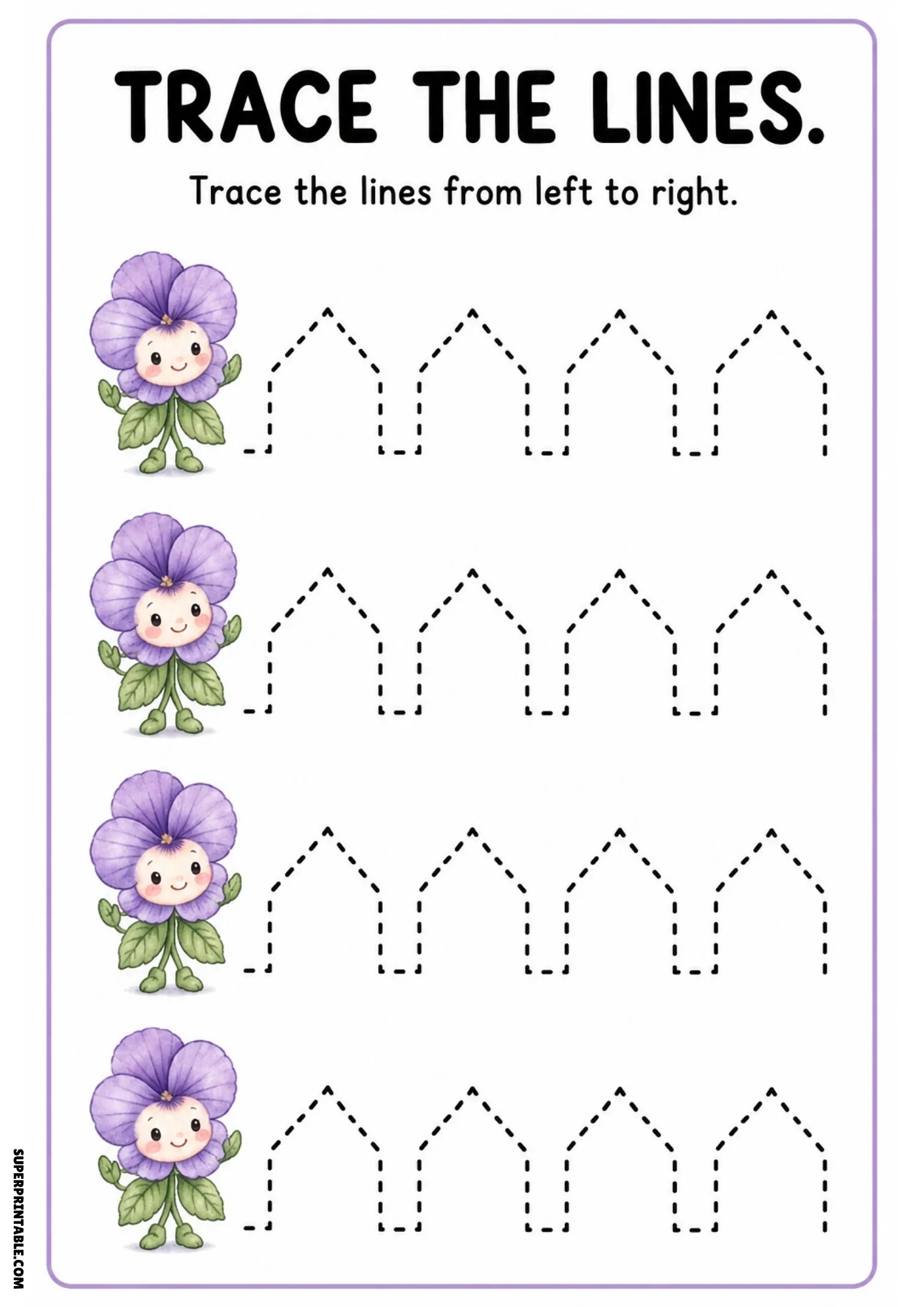 Color tracing sheet with four purple pansy fairies standing on leaf feet alongside dashed house-shaped peak tracing lines.