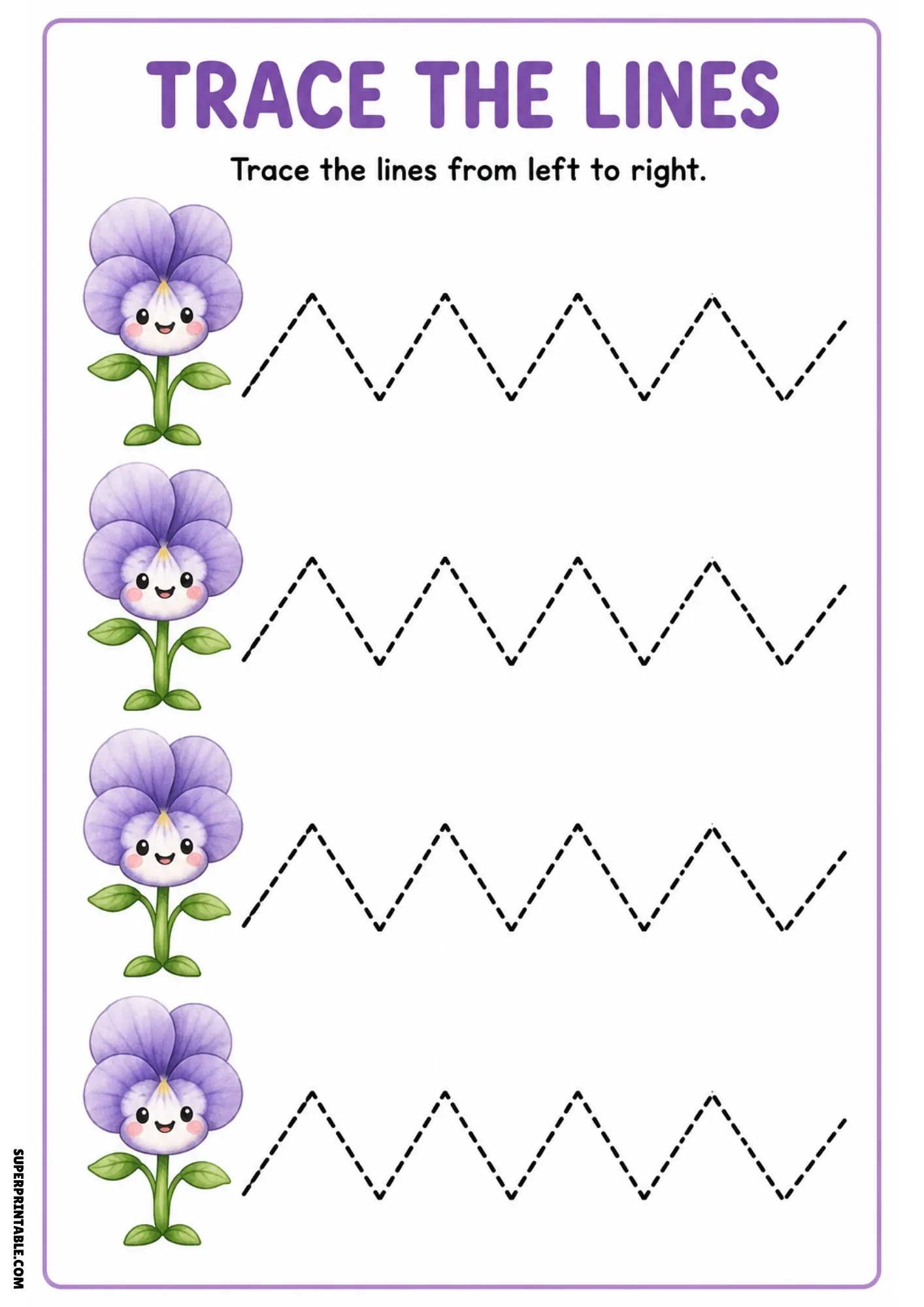 Color tracing sheet with four happy purple pansy flower characters on stems next to dashed sharp zigzag tracing paths.
