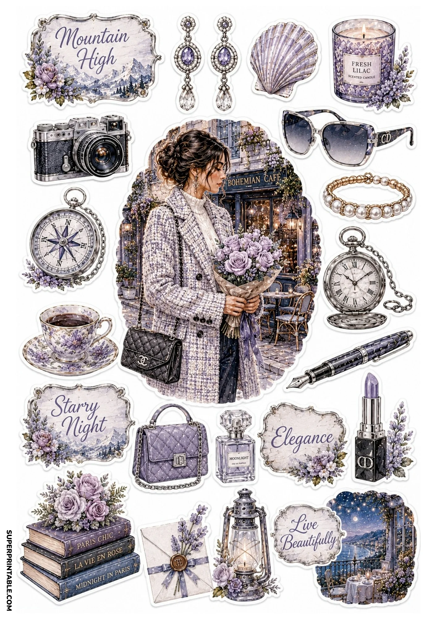 Printable sticker sheet centered on a woman holding a purple rose bouquet outside a cafe, surrounded by lilac flowers, purple handbags, stacked books, fountain pen, and lavender wax seal envelope.