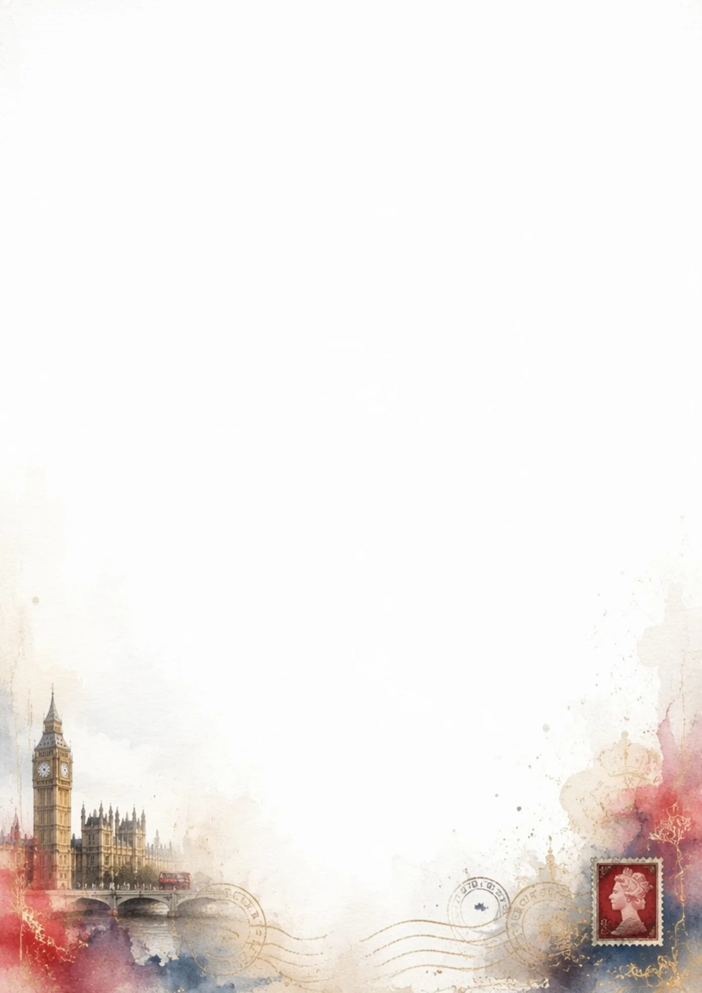 A watercolor digital paper featuring a classic red postage stamp with the profile of Queen Elizabeth II at the bottom right, gold postmark lines, and Big Ben on Westminster Bridge at the bottom left.