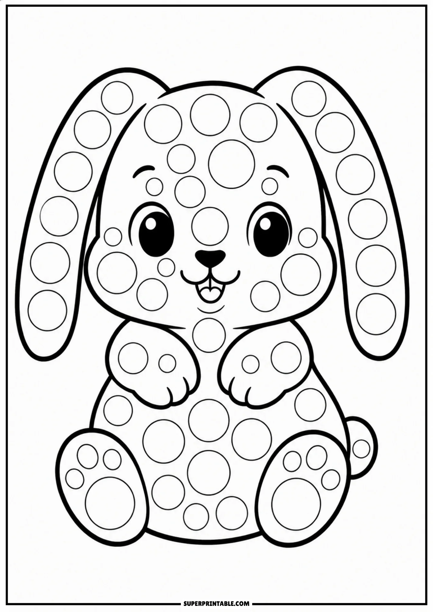 A cute cartoon rabbit sitting down with floppy ears, smiling and covered in circular dot markers.