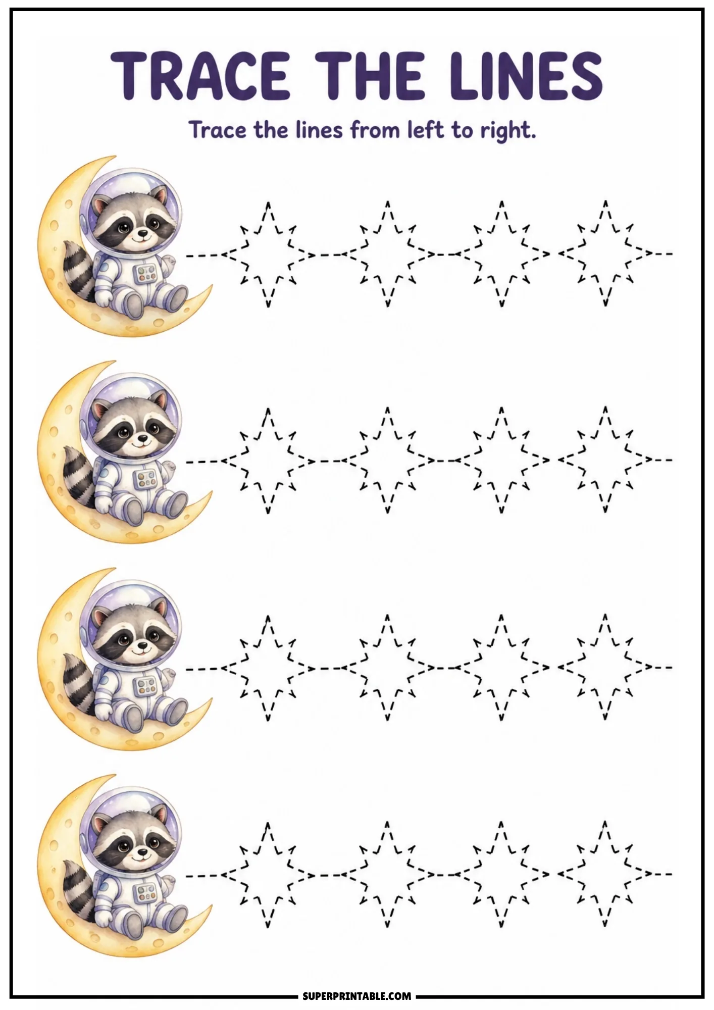 Line tracing worksheet featuring raccoon astronauts on moons beside rows of dashed starburst outlines.