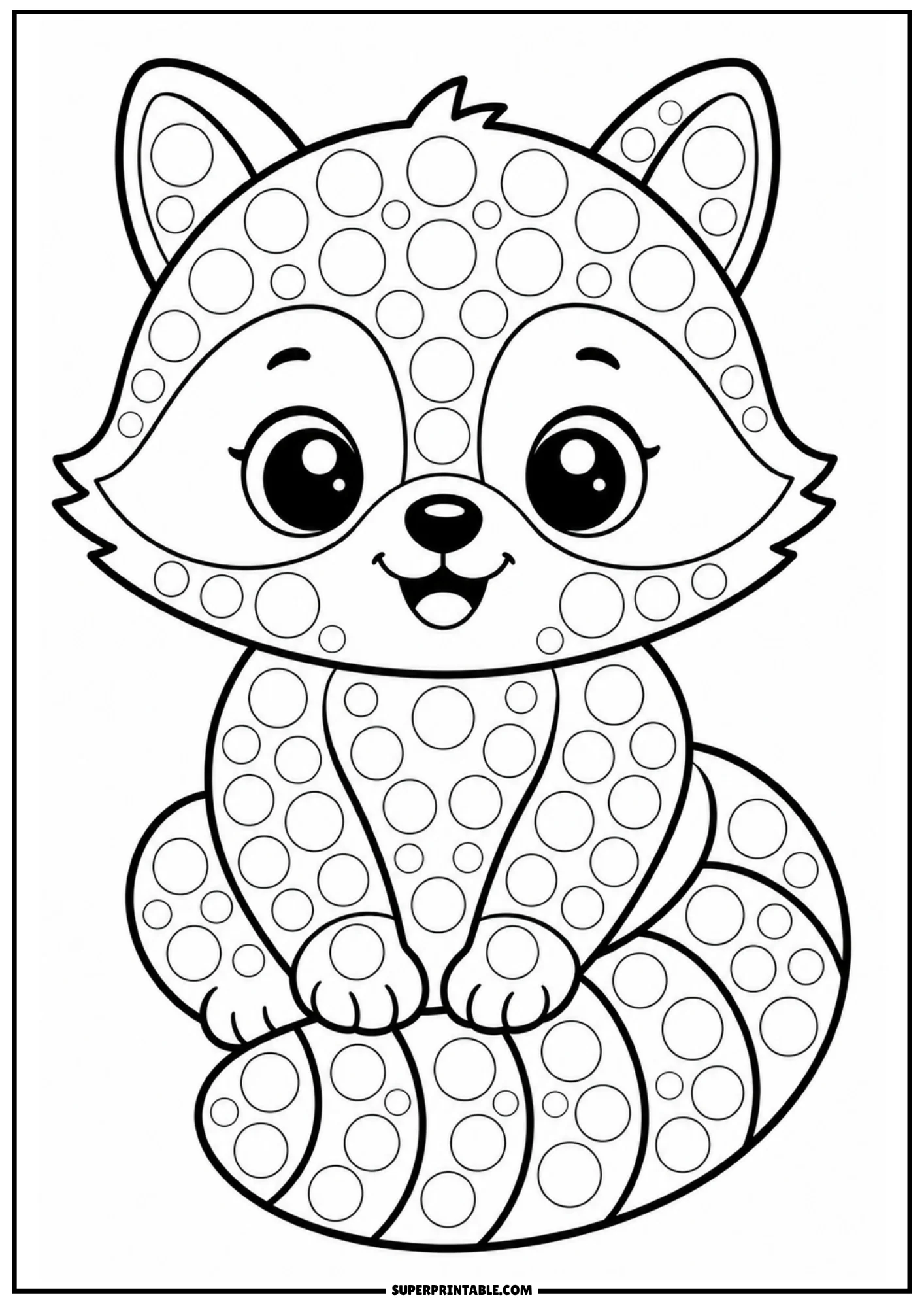 A cute cartoon baby raccoon sitting down with a striped tail, covered in circular dot markers.