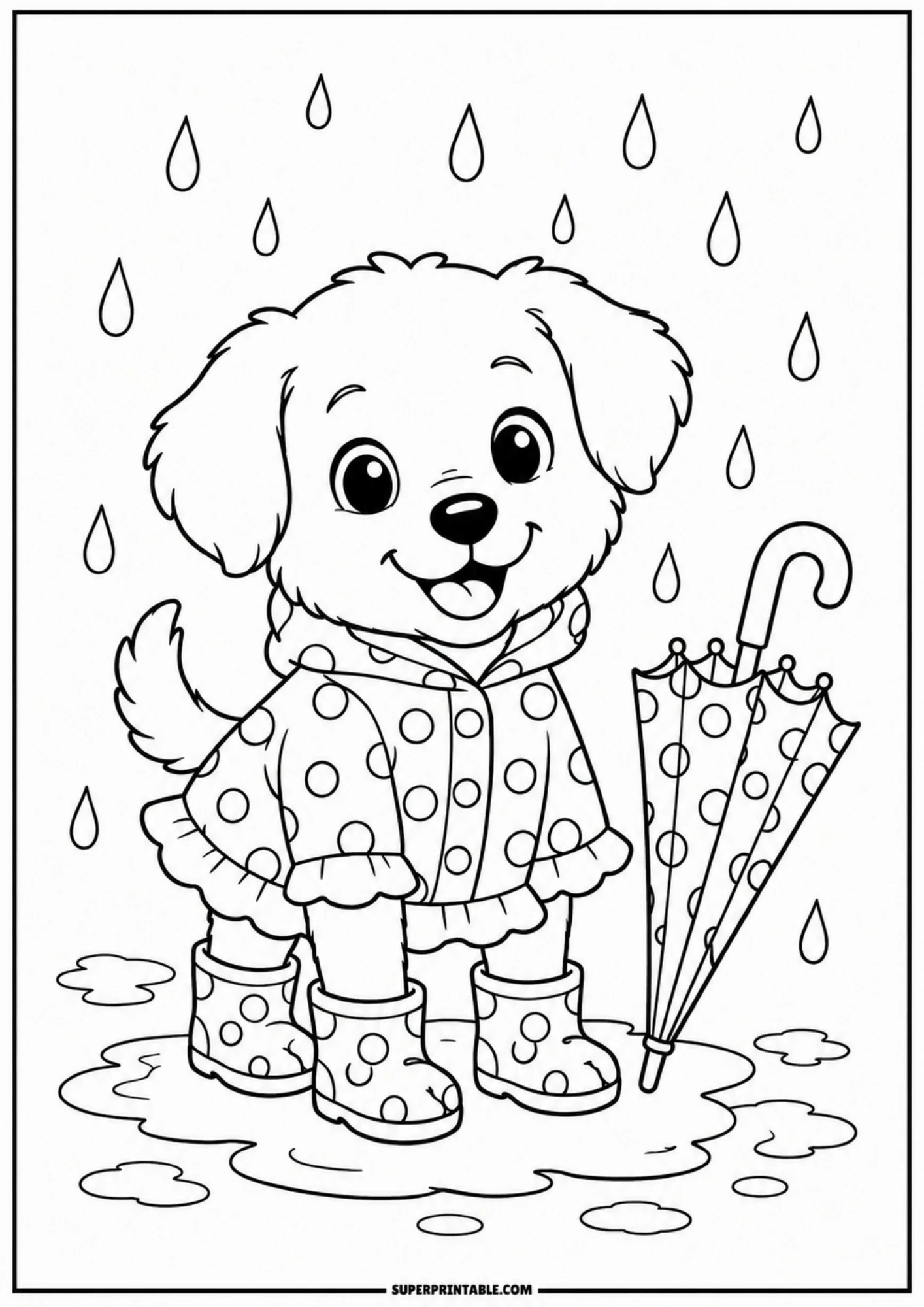 A coloring page showing a cute puppy in a polka-dot raincoat and rain boots, standing in a water puddle next to a folded umbrella under falling rain.