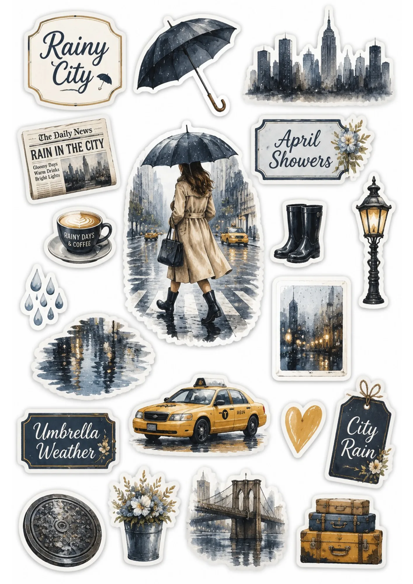 Rainy city cafe sticker sheet illustrating a woman with an umbrella walking on a wet city street alongside yellow taxis, rain boots, and rainy day coffee quotes.