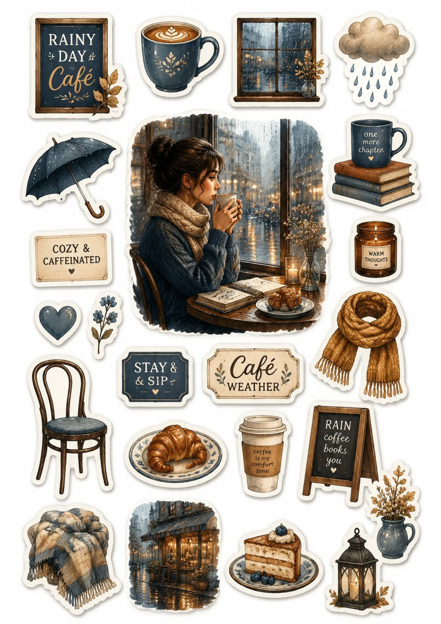 Printable sticker sheet with cozy café illustrations including a woman looking out a rain-streaked window, warm coffee cups, croissants, books, and candles.