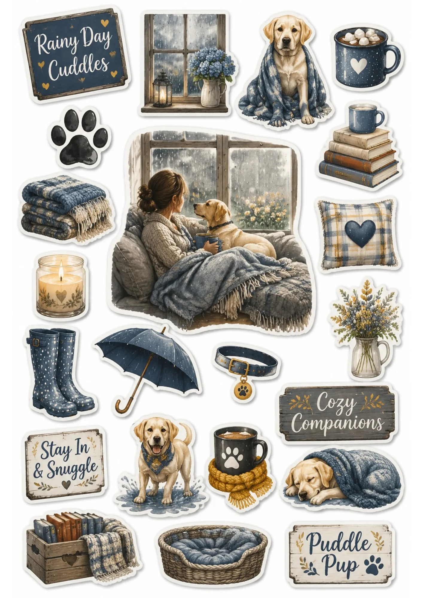 A rainy day sticker sheet displaying a woman and golden Labrador watching rain from a window alongside umbrellas, rain boots, and snuggle signs.