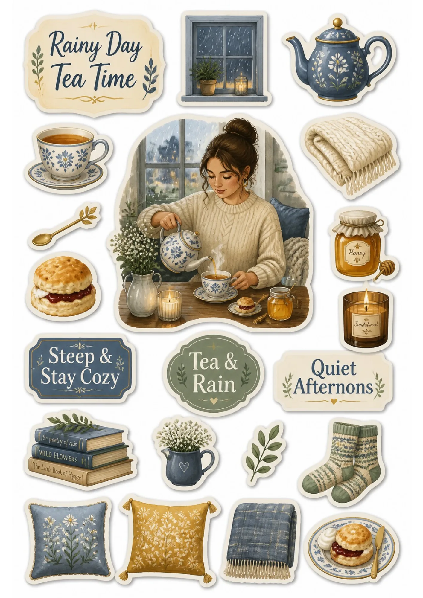 Printable sticker sheet depicting rainy day tea ritual, including a woman pouring tea, blue teapots, scones, honey jar, cozy pillows, and books.