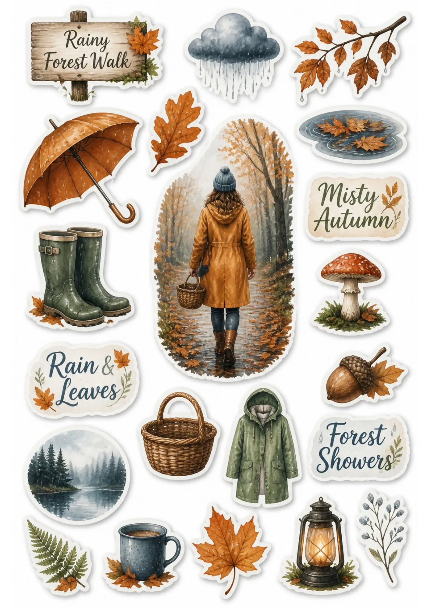 Printable sticker sheet with rainy autumn forest theme, showing a woman walking through autumn woods, rain boots, umbrellas, fall leaves, and mushrooms.