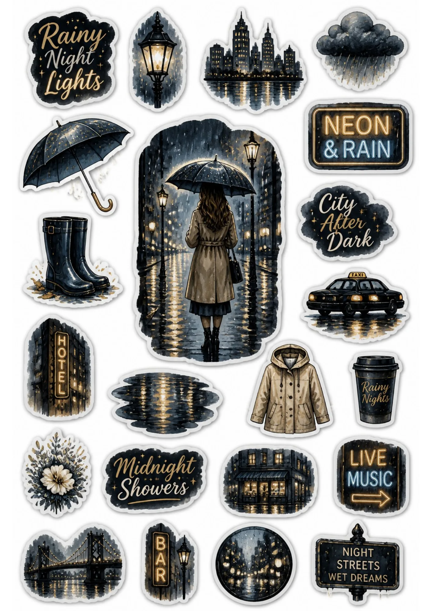 Printable sticker sheet with a central illustration of a woman holding an umbrella on a wet street at night surrounded by neon signs, rain boots, and moody city elements.