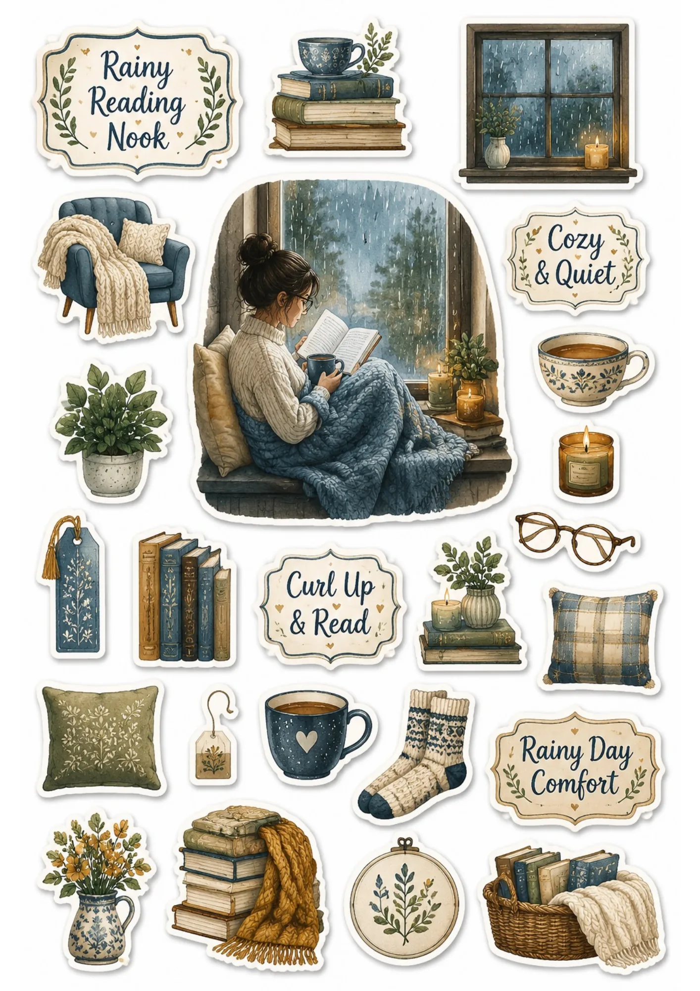 Printable sticker sheet with rainy indoor reading theme, showcasing a girl reading in a window nook, stacks of books, cozy socks, and warm tea cups.