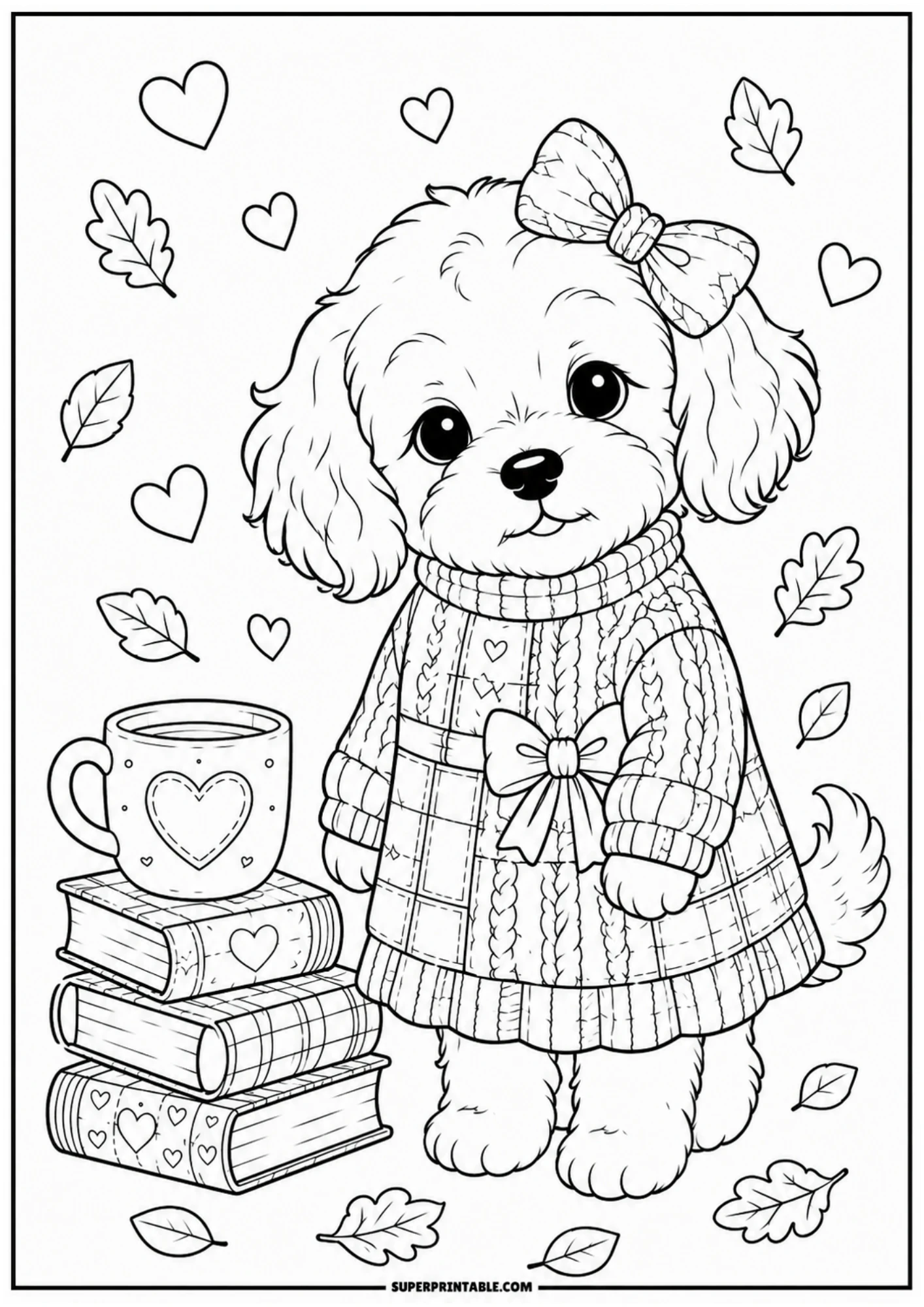 A coloring page showing a cute puppy in a knitted sweater dress next to a stack of three books topped with a mug with a heart, surrounded by falling leaves.