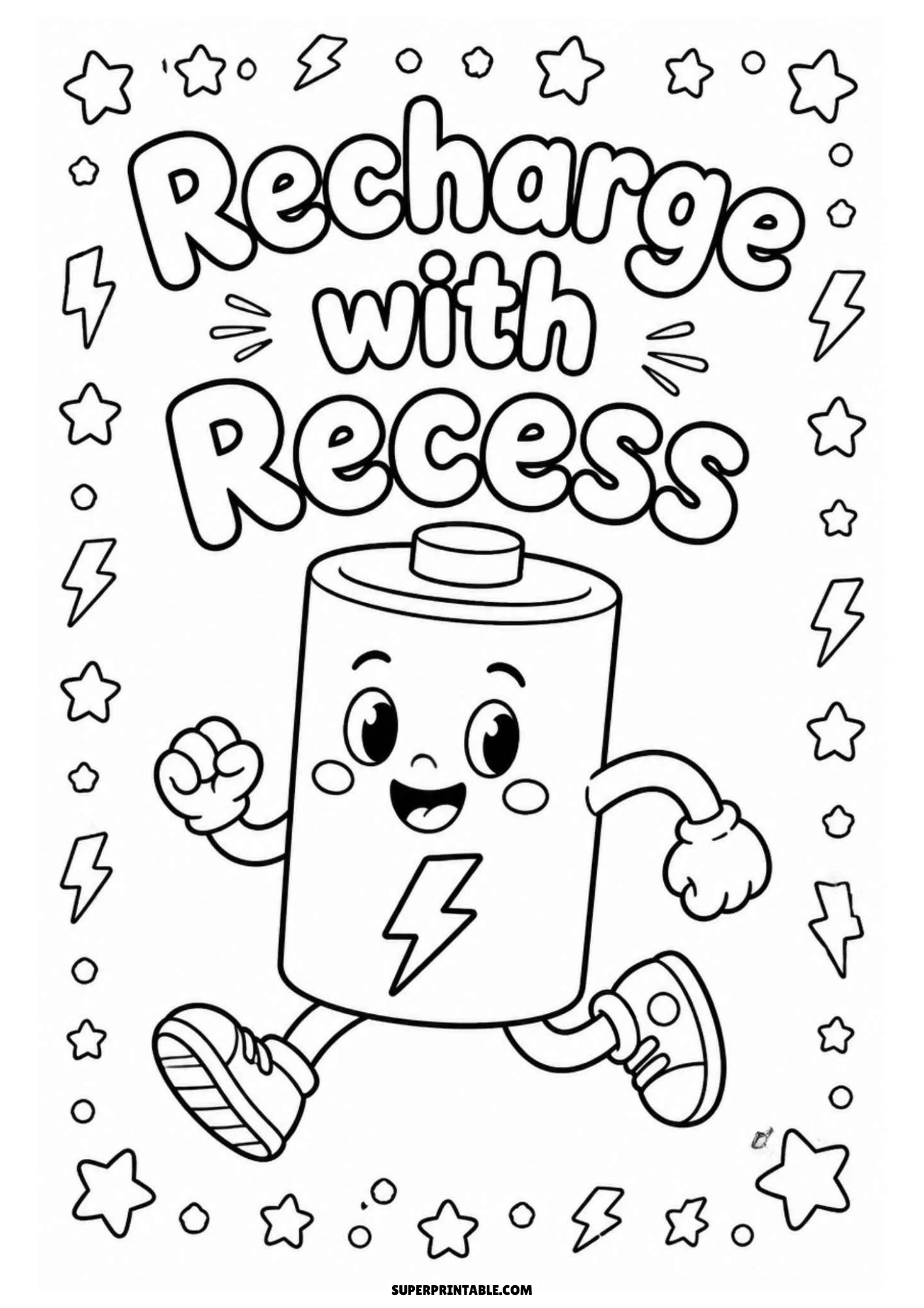 Black and white coloring page of a cute cartoon battery character running in sneakers with a lightning bolt on its chest, surrounded by lightning bolts and stars, with the text 'Recharge with Recess'.