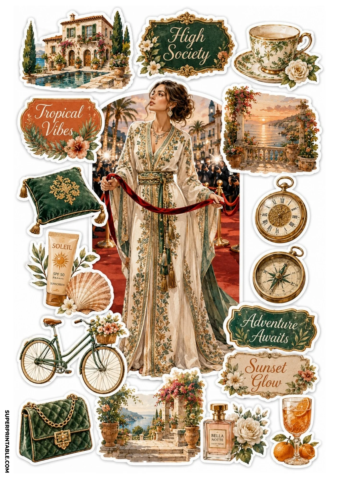 Printable sticker set displaying a woman in an embroidered cream gown on a red carpet, green villa cushion, bicycle, pocket watch, and sunset balcony view.