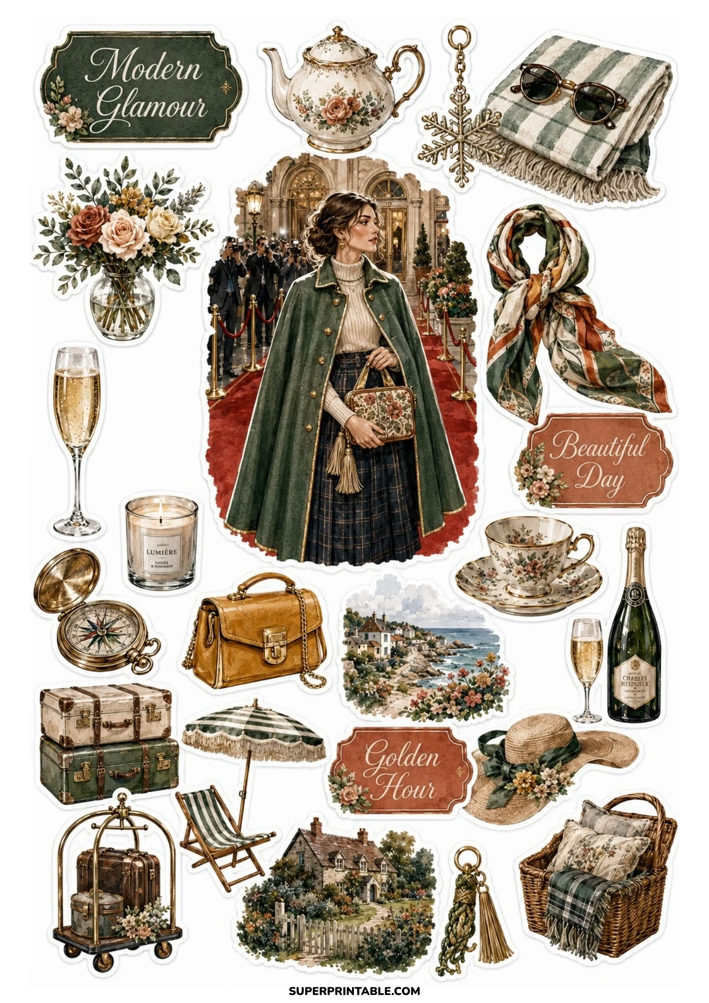 A printable sticker sheet featuring a woman in a green cape on a red carpet, surrounded by a green plaid scarf, luggage cart, champagne, and cottage illustration.