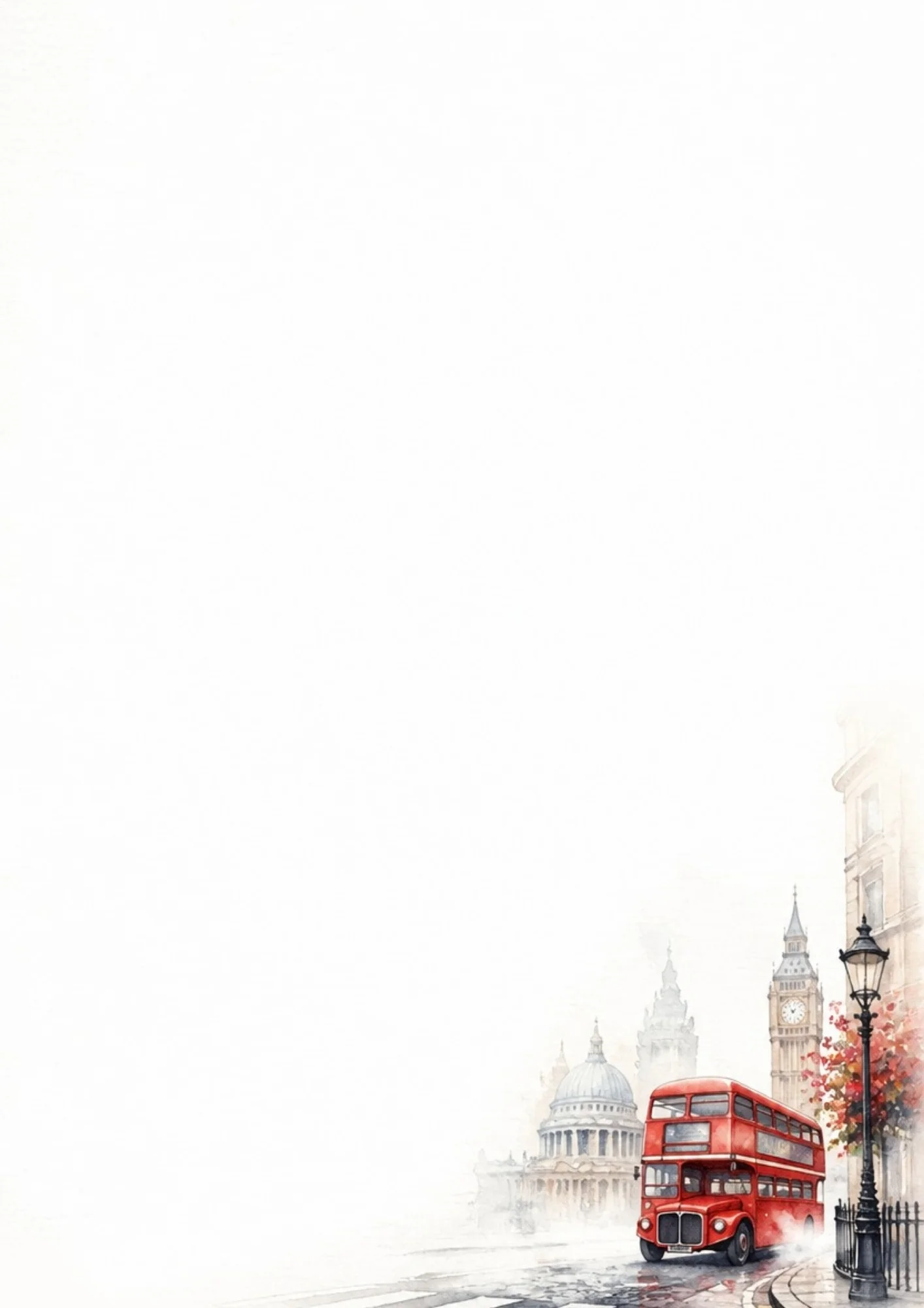 A watercolor painting of a red double-decker bus driving on a wet street next to a lamppost, with Big Ben and St. Paul's Cathedral in the misty background on the bottom right.