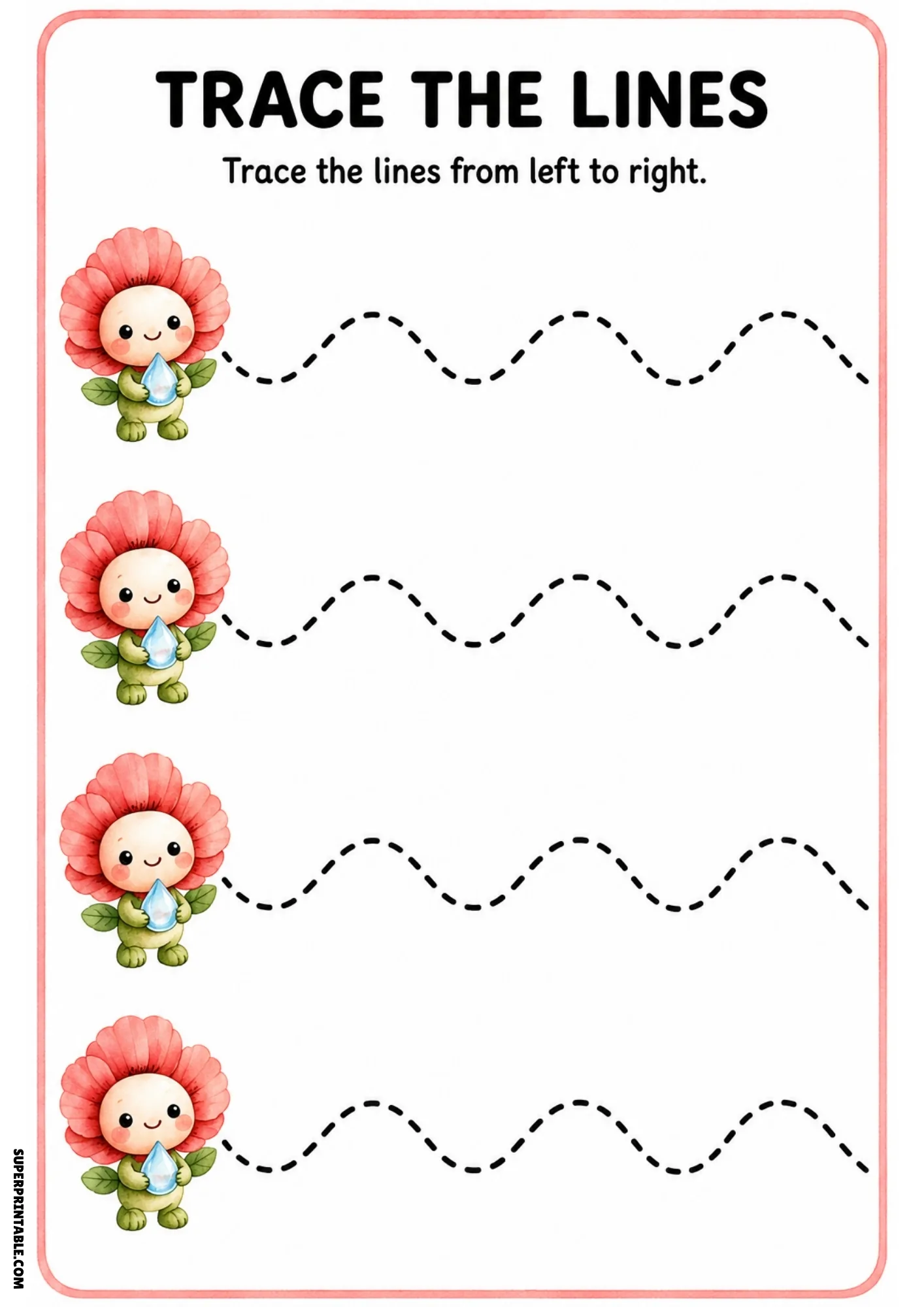 Color tracing printable showing four red flower fairies holding water droplets next to dashed wavy line paths.