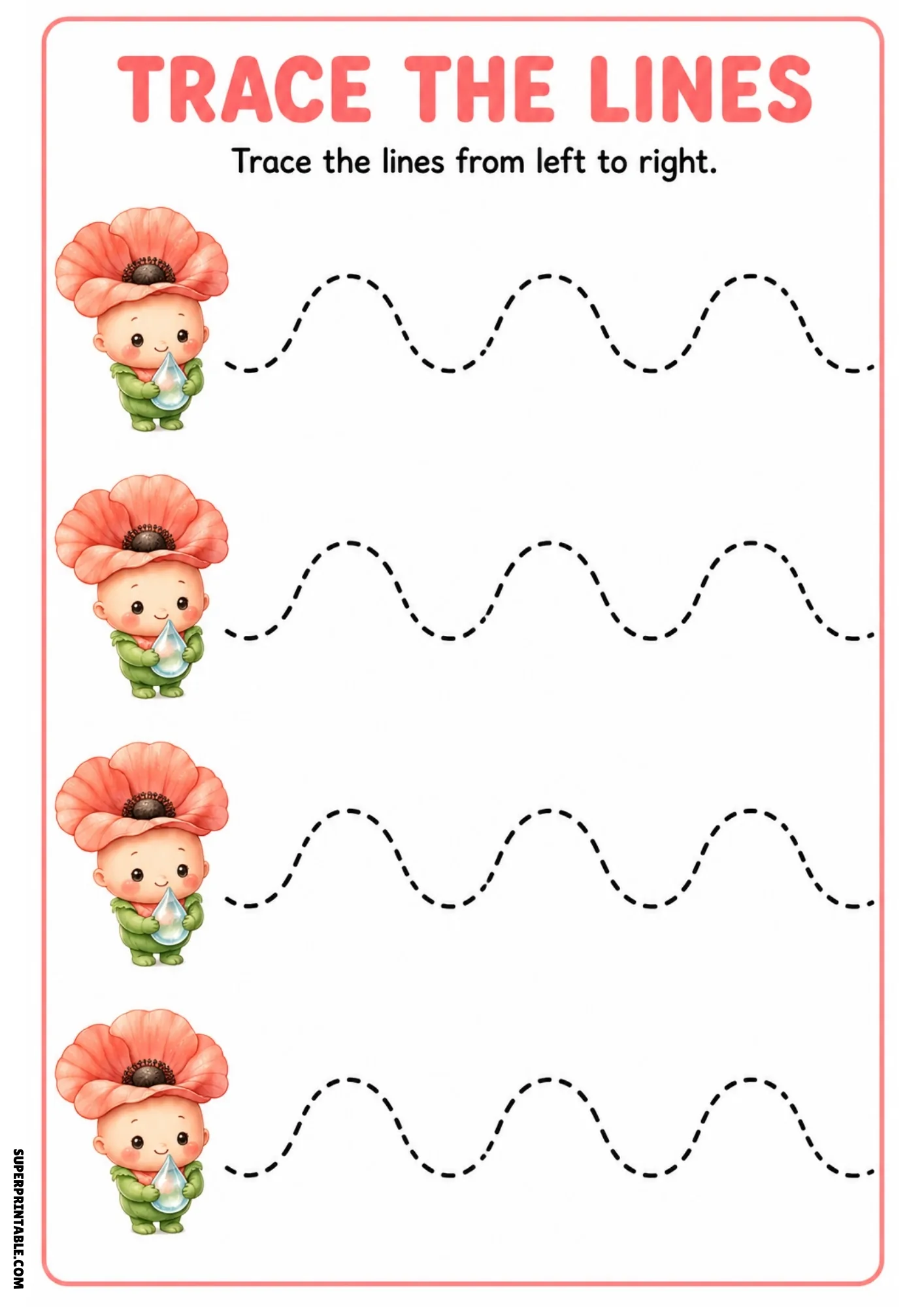 Color tracing page with four red poppy fairies holding water drops alongside dashed rounded wave tracing lines.