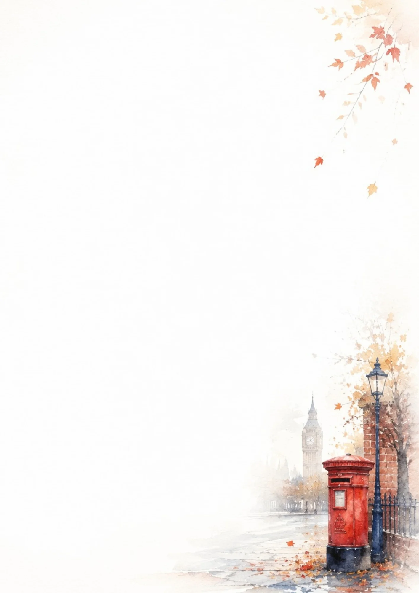A watercolor depiction of a red British post box next to a streetlamp and a brick wall with a fence, showing Big Ben in the distant mist and fallen leaves on the wet street.