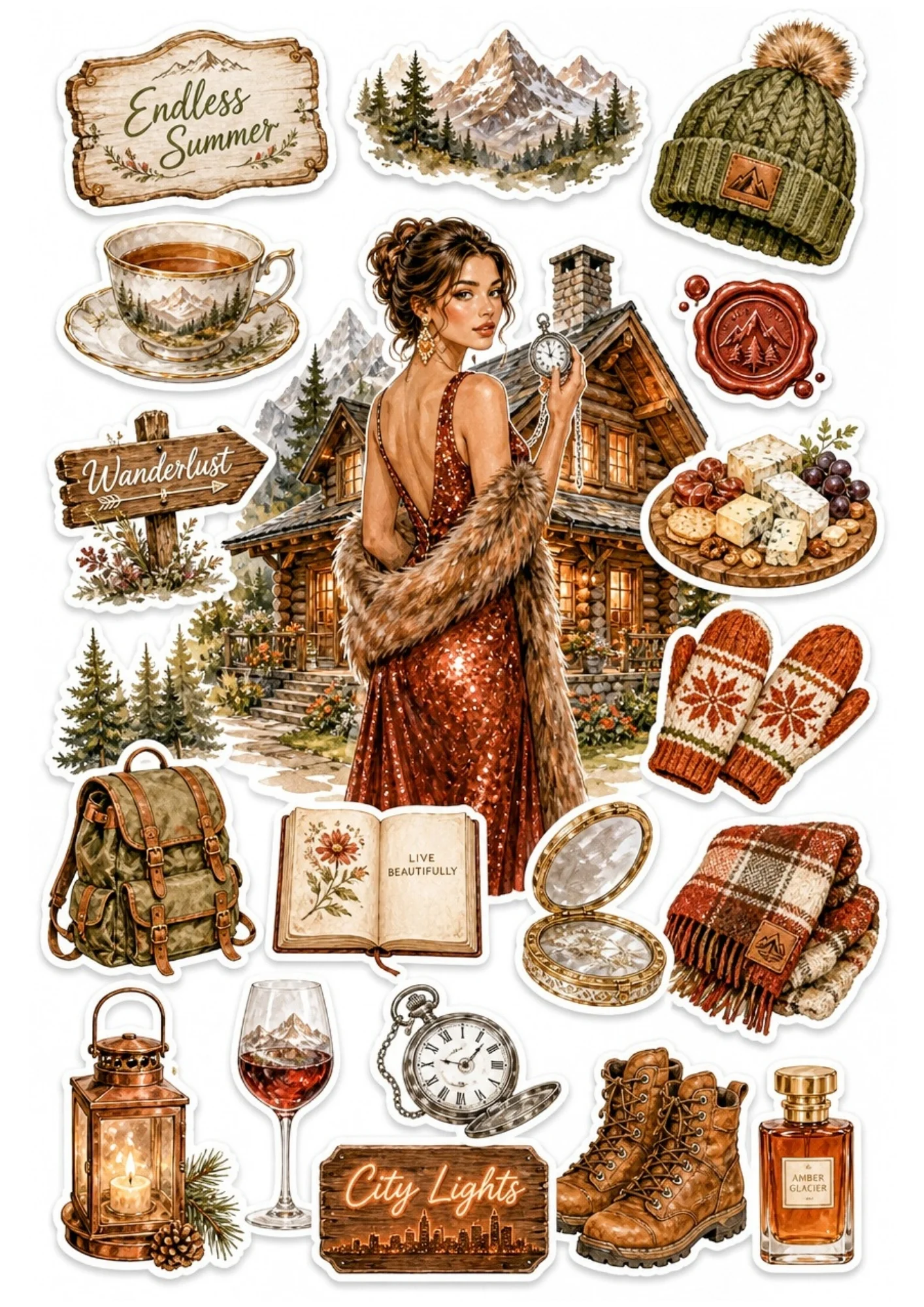 A rustic autumn sticker sheet featuring a woman in a red sequin dress, green backpack, leather hiking boots, and brass lantern.