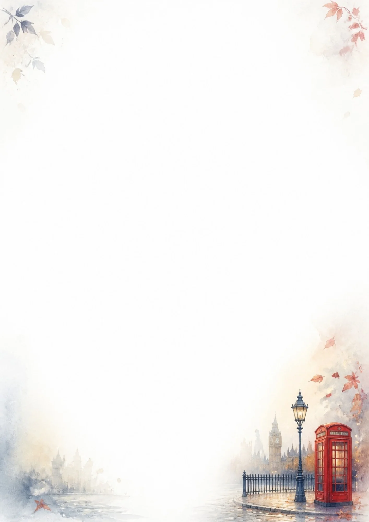 A watercolor illustration of a classic red telephone booth, a black street lamp, a wrought-iron fence, and Big Ben in the soft background on the bottom right of a textured page with autumn leaves.