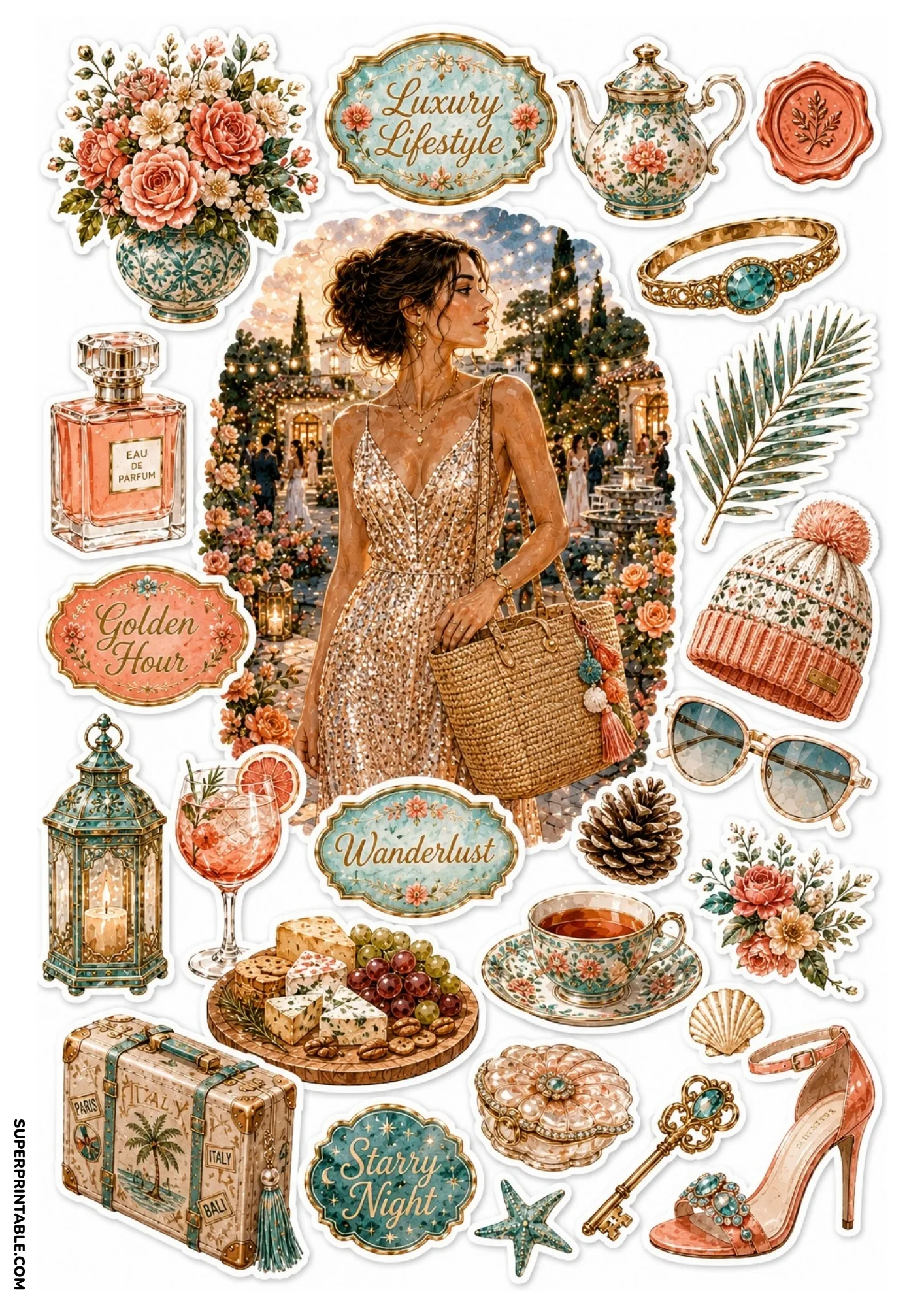 Printable sticker sheet with a woman in a glittery dress at an outdoor evening party with resort lifestyle stickers.