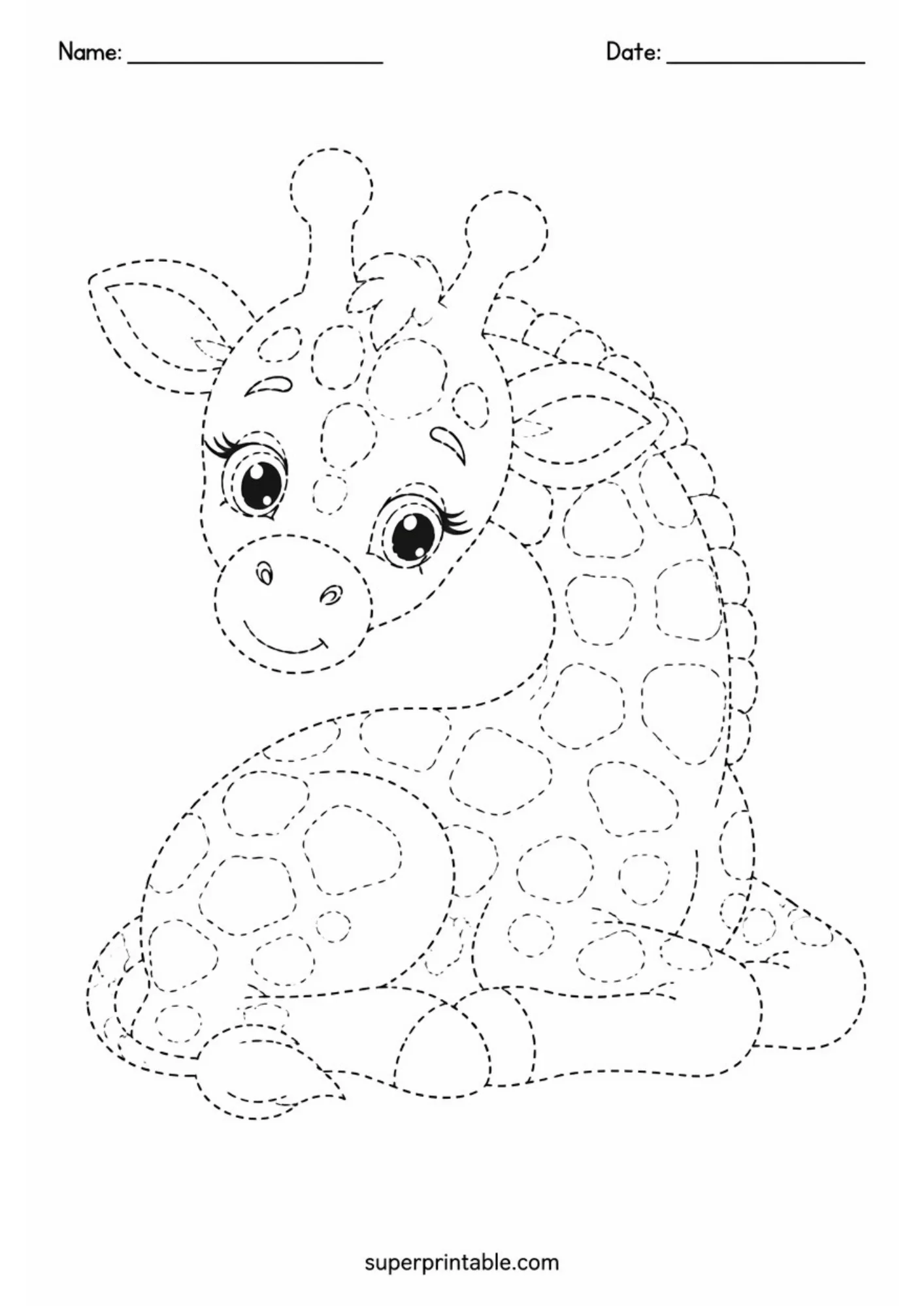 Black dashed outline activity page displaying a baby giraffe calf resting on the ground with its long neck turned back over its spotted body and top header lines.