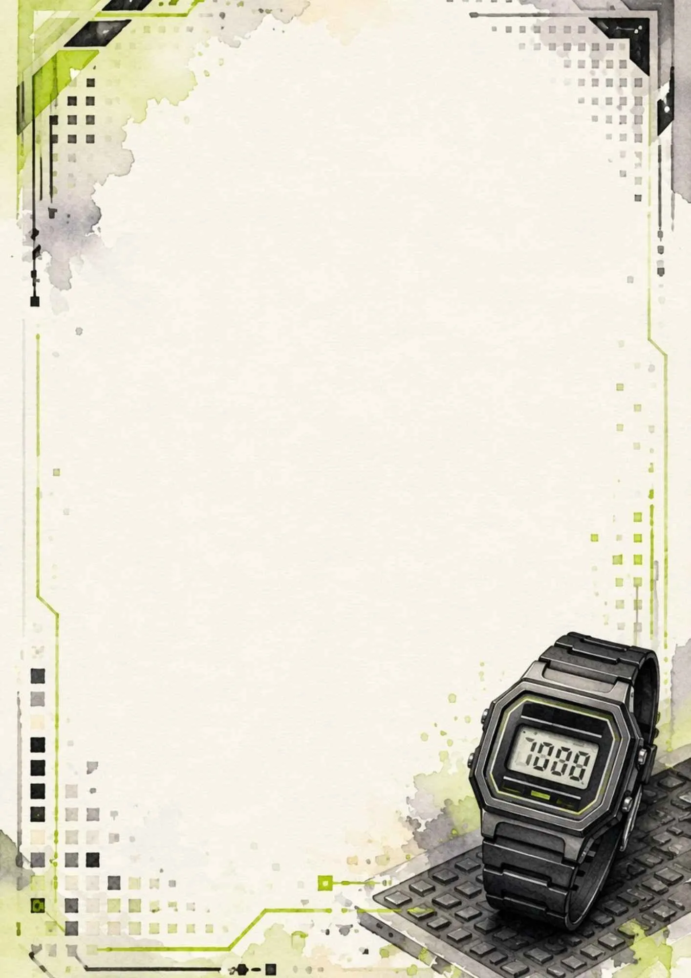 A nostalgic writing page featuring a retro black calculator watch with utility straps on a blueprint background.