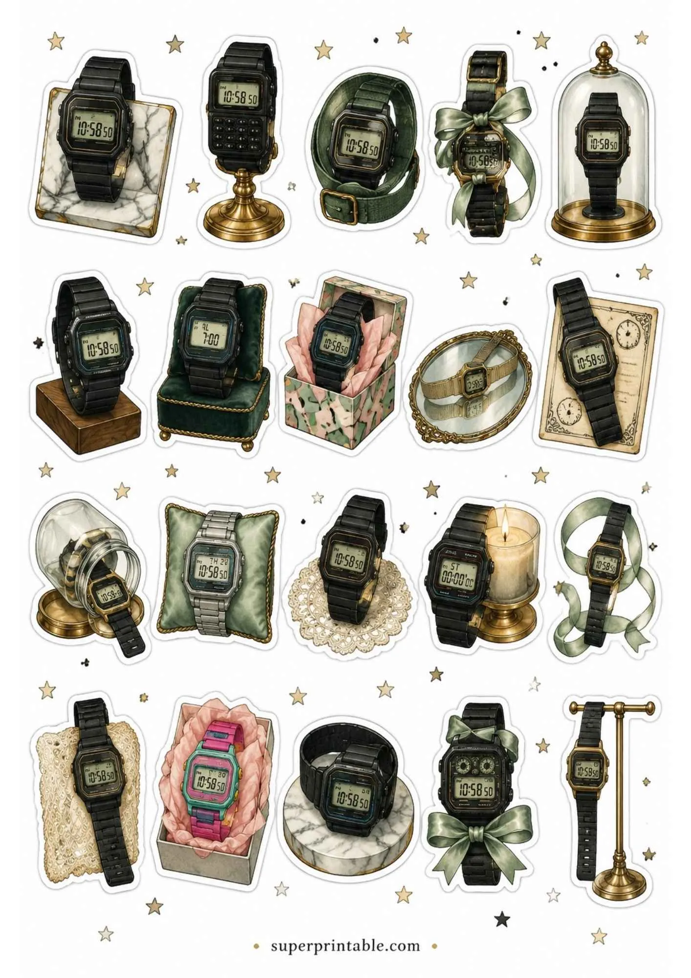 A printable sticker sheet featuring nostalgic black digital watches, calculator watches, and green utility straps.