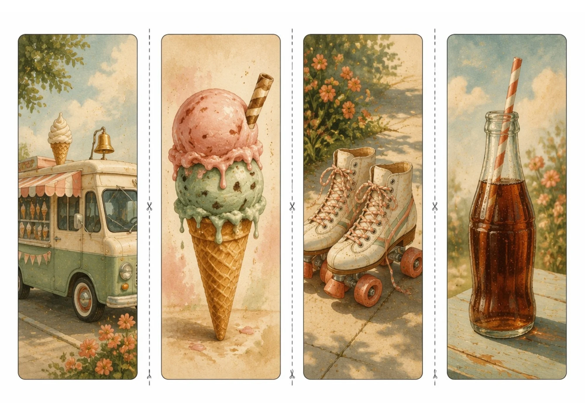 Four watercolor retro bookmarks showing a pastel ice cream truck, a double scoop mint and strawberry cone, vintage roller skates on a sunny sidewalk, and a cold glass soda bottle with a striped straw.