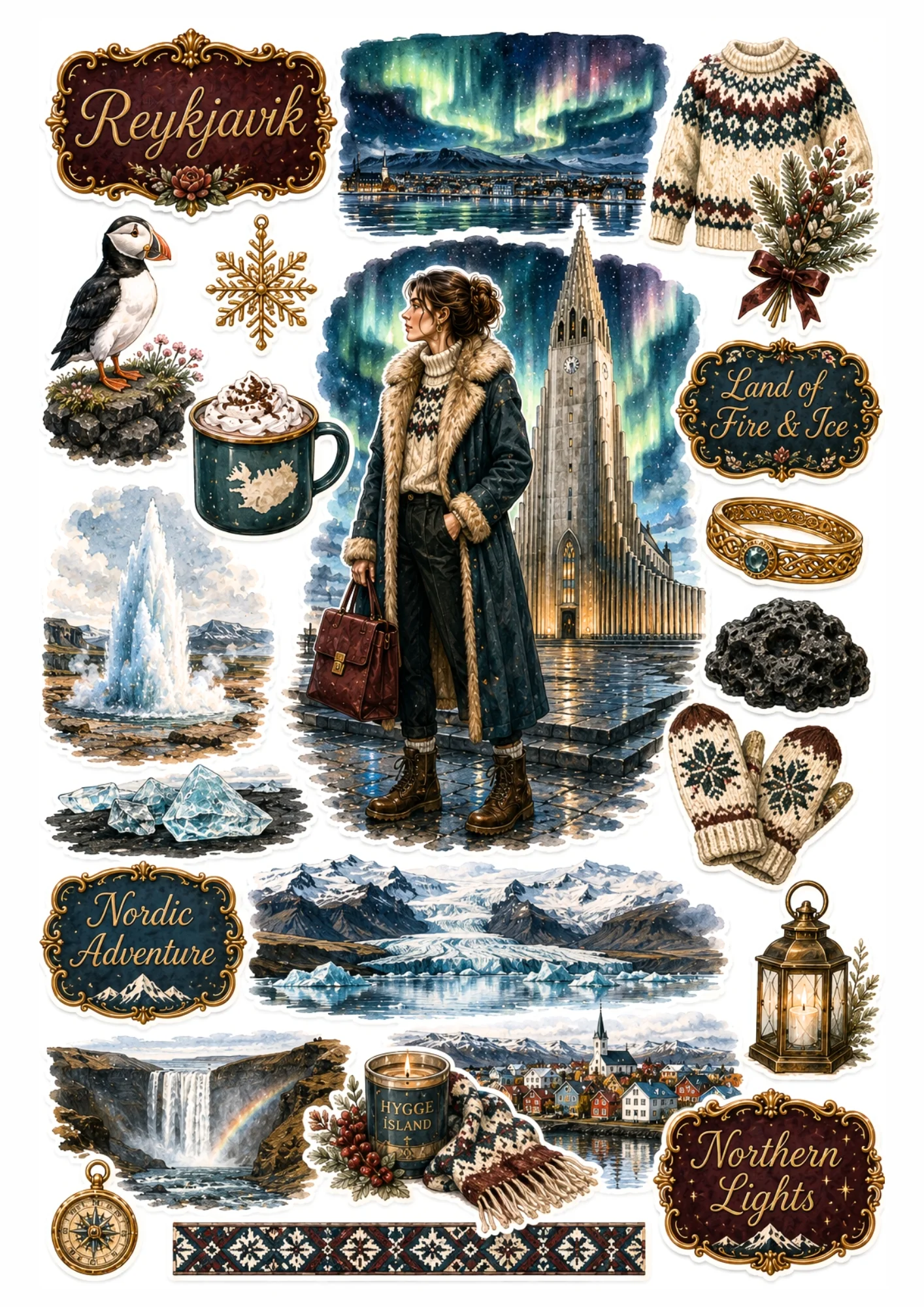 Reykjavik sticker sheet showing a woman in a shearling coat outside Hallgrímskirkja under Northern Lights, puffin, and geyser.