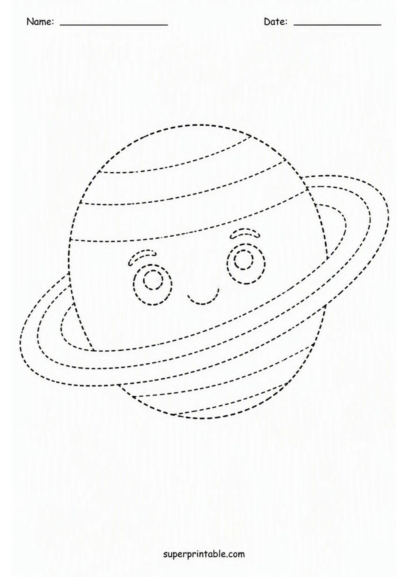Black and white line art tracing worksheet of a cute smiling ringed planet drawn with dashed lines.