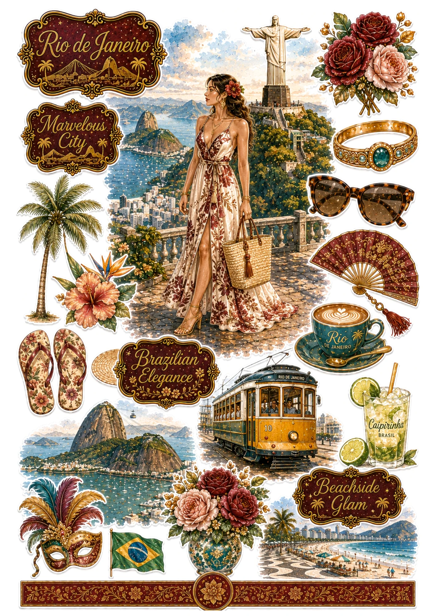 Rio de Janeiro sticker collection featuring a woman in a sundress at Corcovado with Christ the Redeemer, caipirinha, and Sugarloaf.