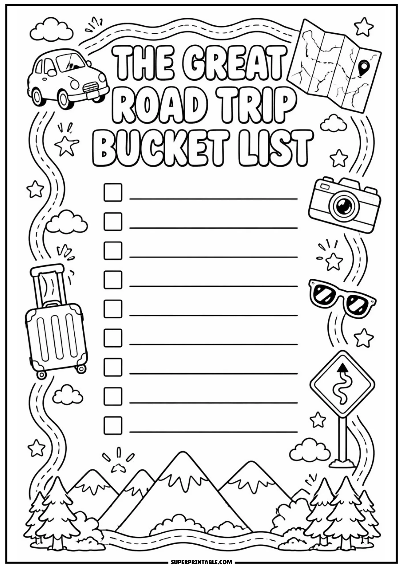 Printable road trip bucket list page featuring a travel car, map with location pin, suitcase, camera, sunglasses, road sign, and mountain scenery.