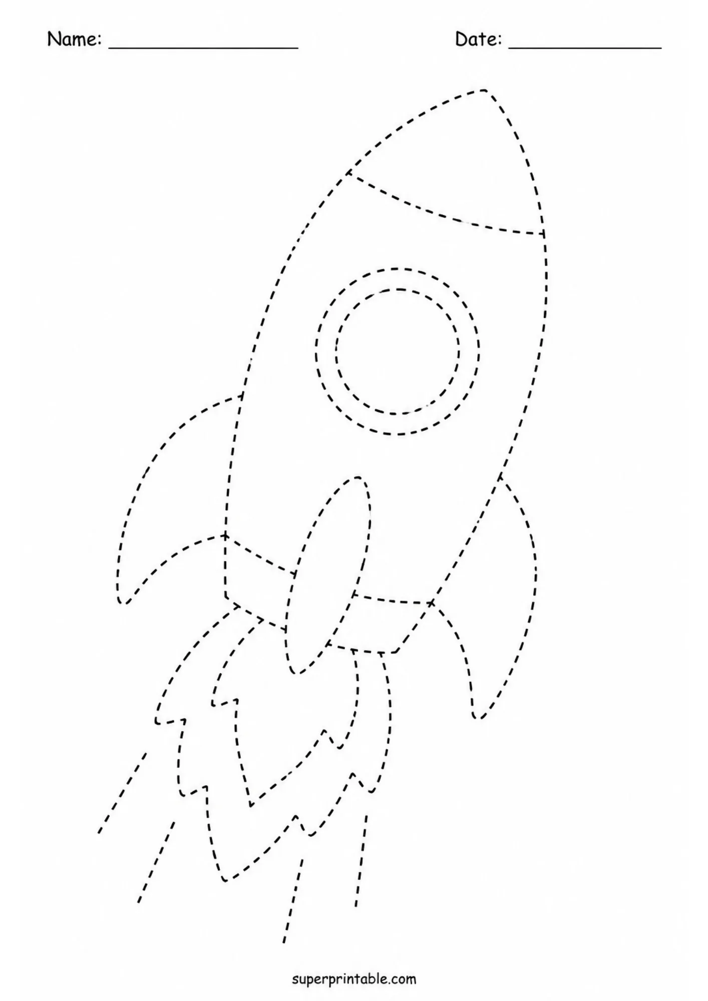 Black and white line art activity worksheet with dashed lines depicting a launching rocket ship.