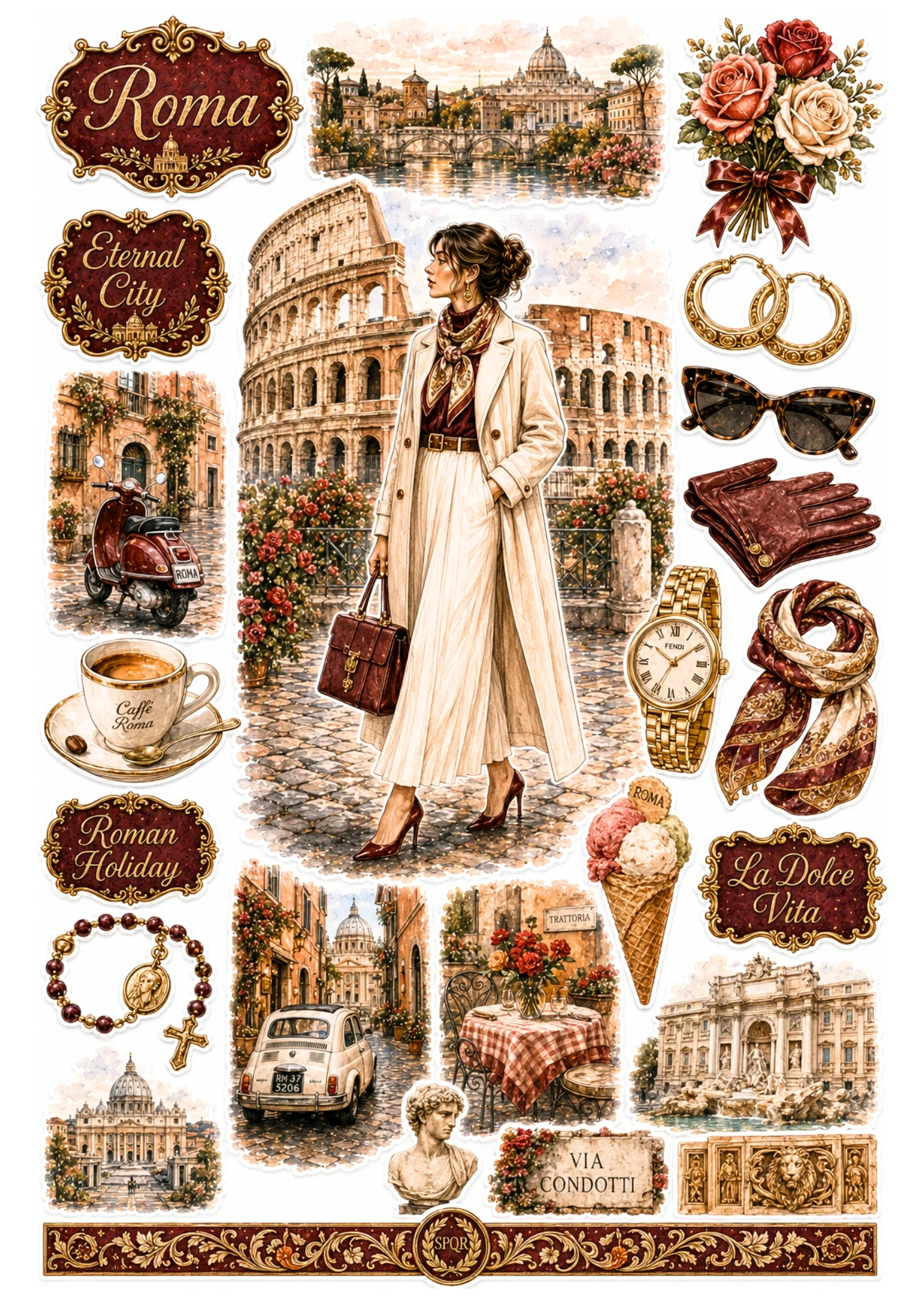 Rome sticker sheet showing a woman in a trench coat at the Colosseum, vintage red Vespa scooter, gelato cone, and Trevi Fountain.