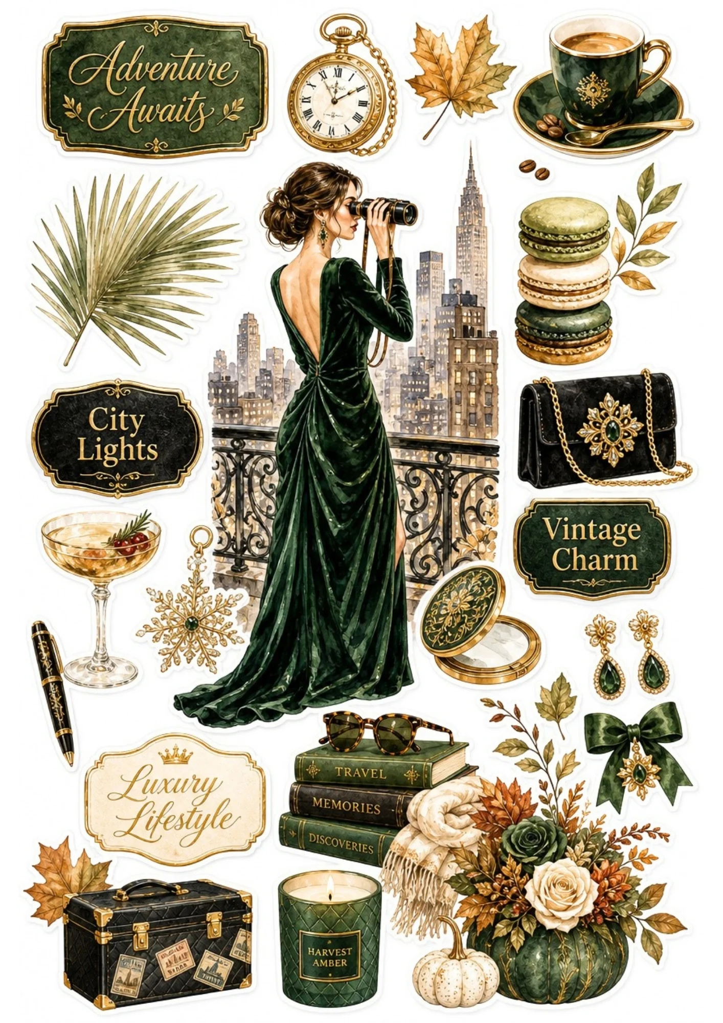 An aesthetic printable sticker sheet featuring a woman looking through binoculars on a city rooftop terrace, paired with green macarons, cocktails, and book stacks.